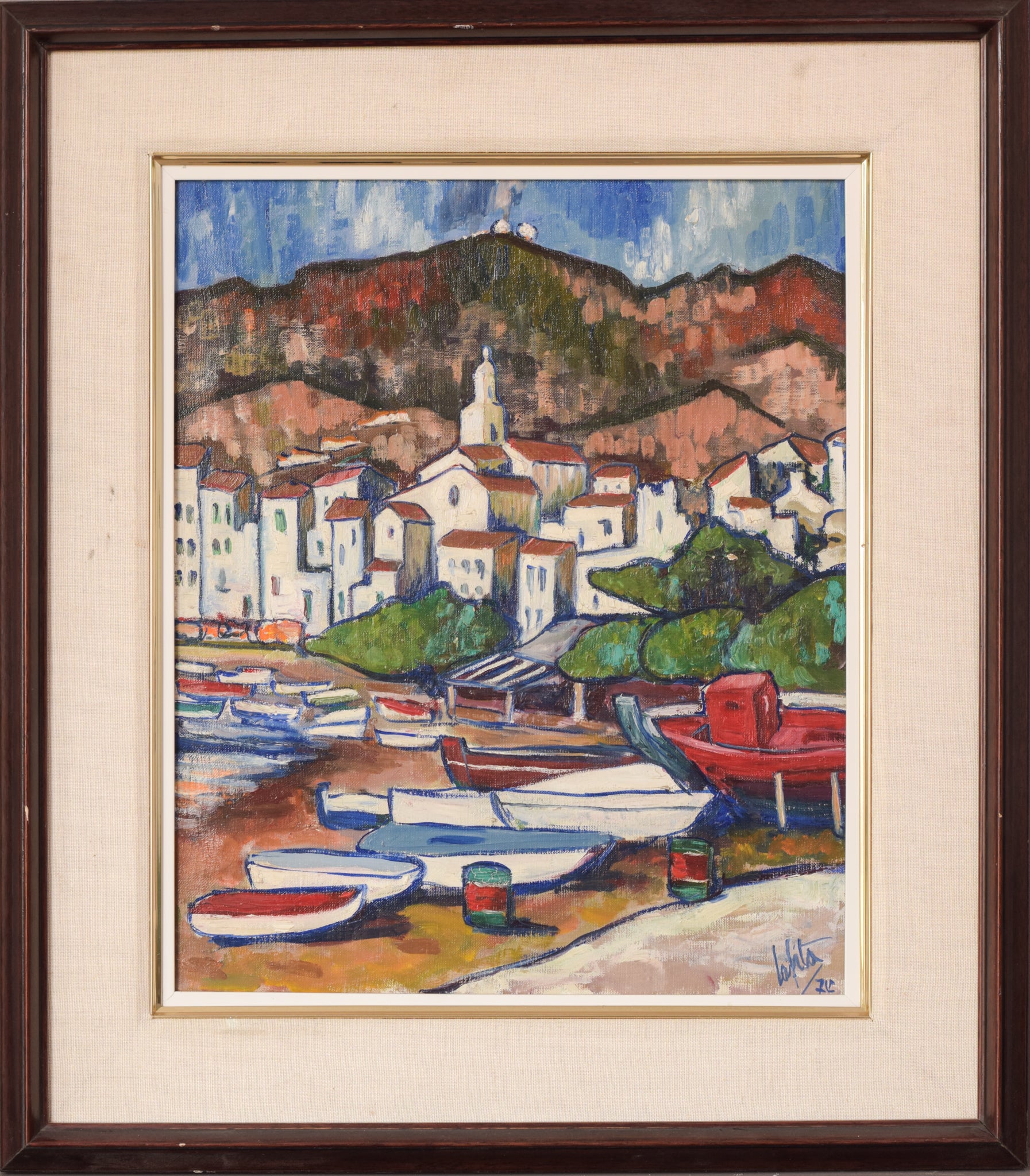 Artwork by Unknown, Fishing Village with Boats, Made of Oil on board 