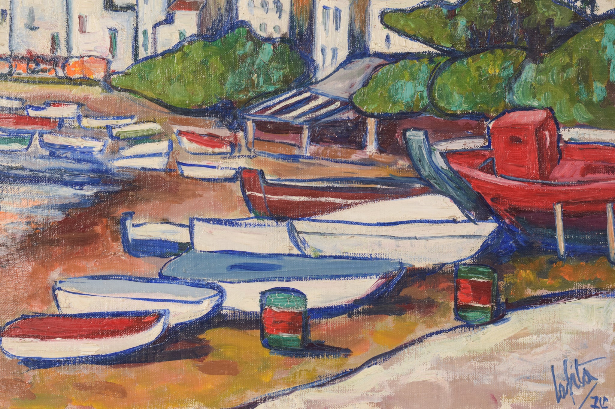 Artwork by Unknown, Fishing Village with Boats, Made of Oil on board 