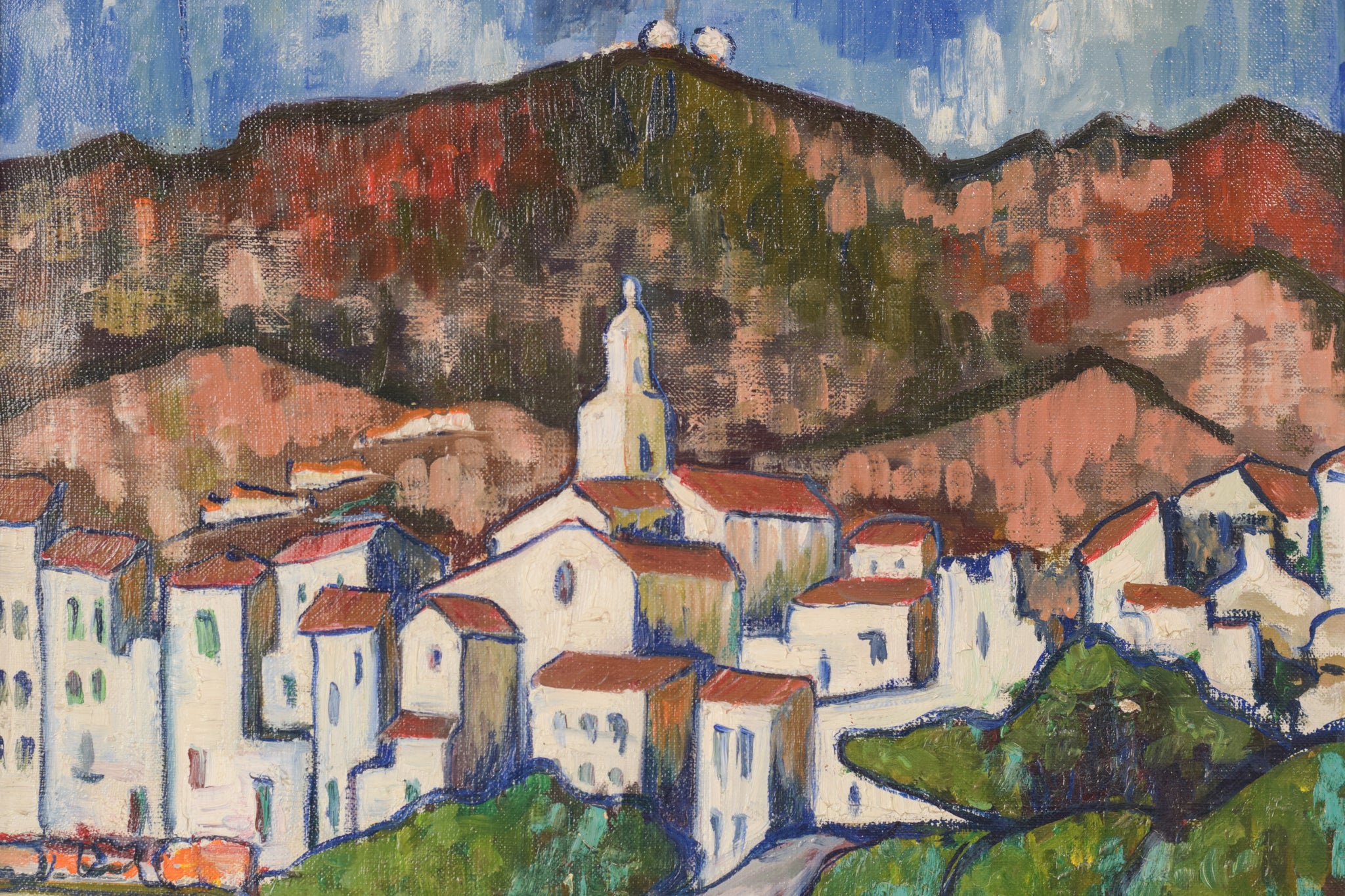Artwork by Unknown, Fishing Village with Boats, Made of Oil on board 