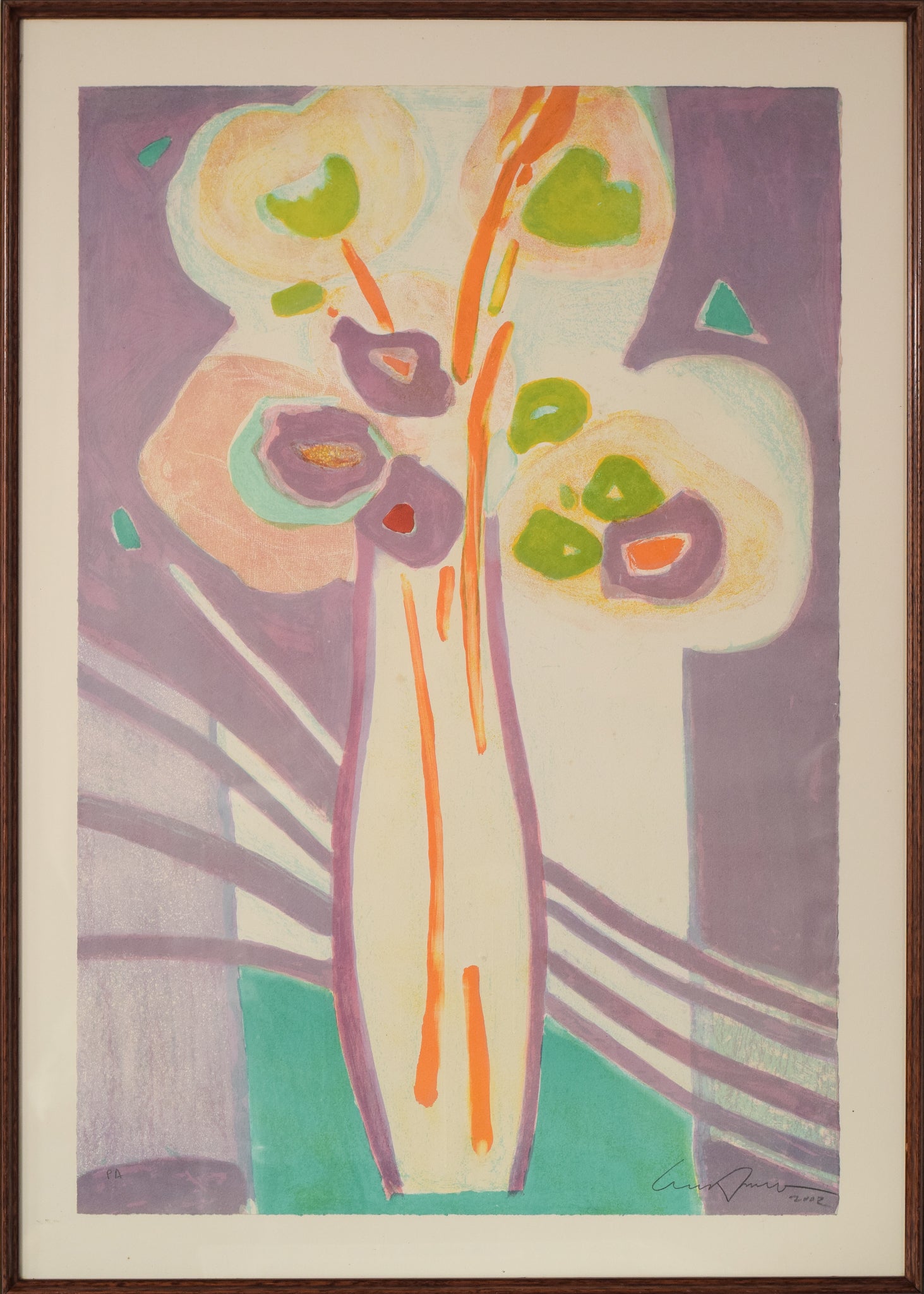 A painting of flowers in a vase on a table.