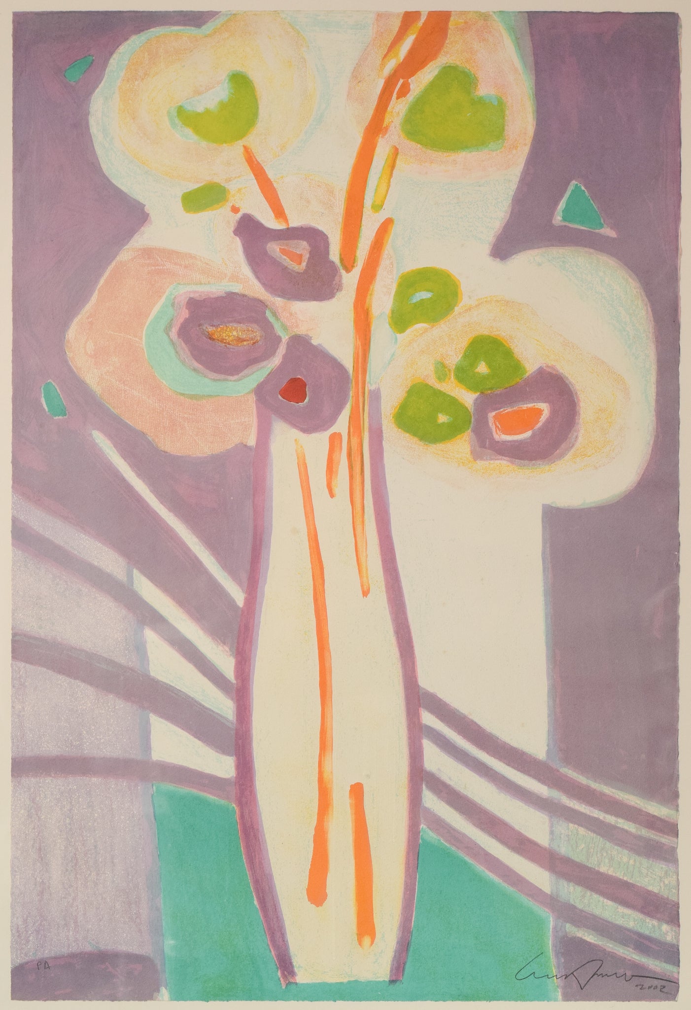 A painting of flowers in a vase on a table.