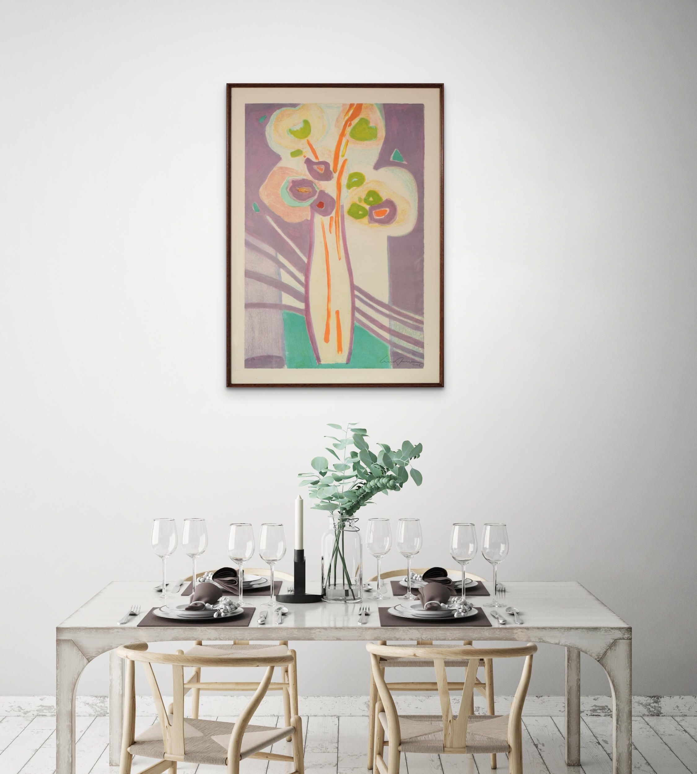 A painting of flowers in a vase on a table.