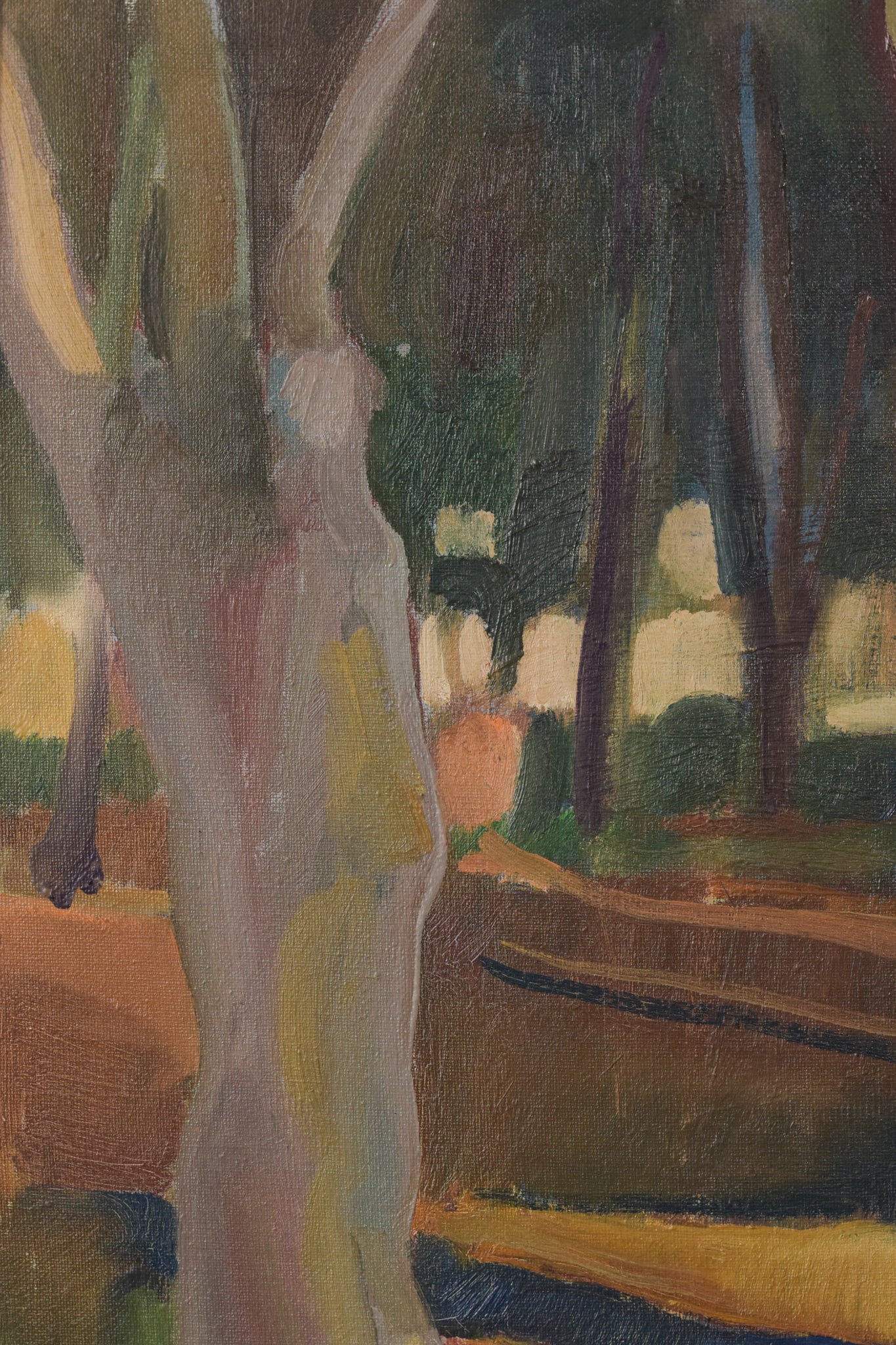 A painting of trees in a wooded area with a bench.