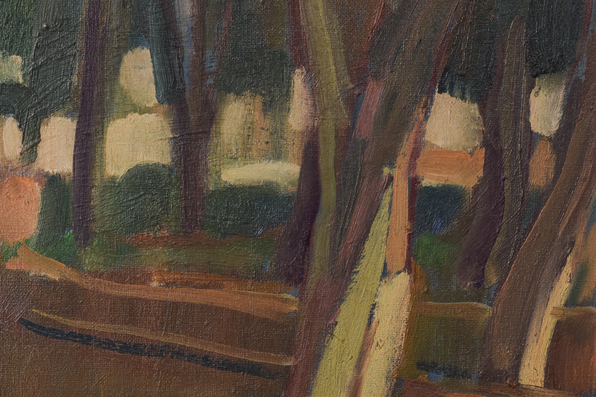 A painting of trees in a wooded area with a bench.