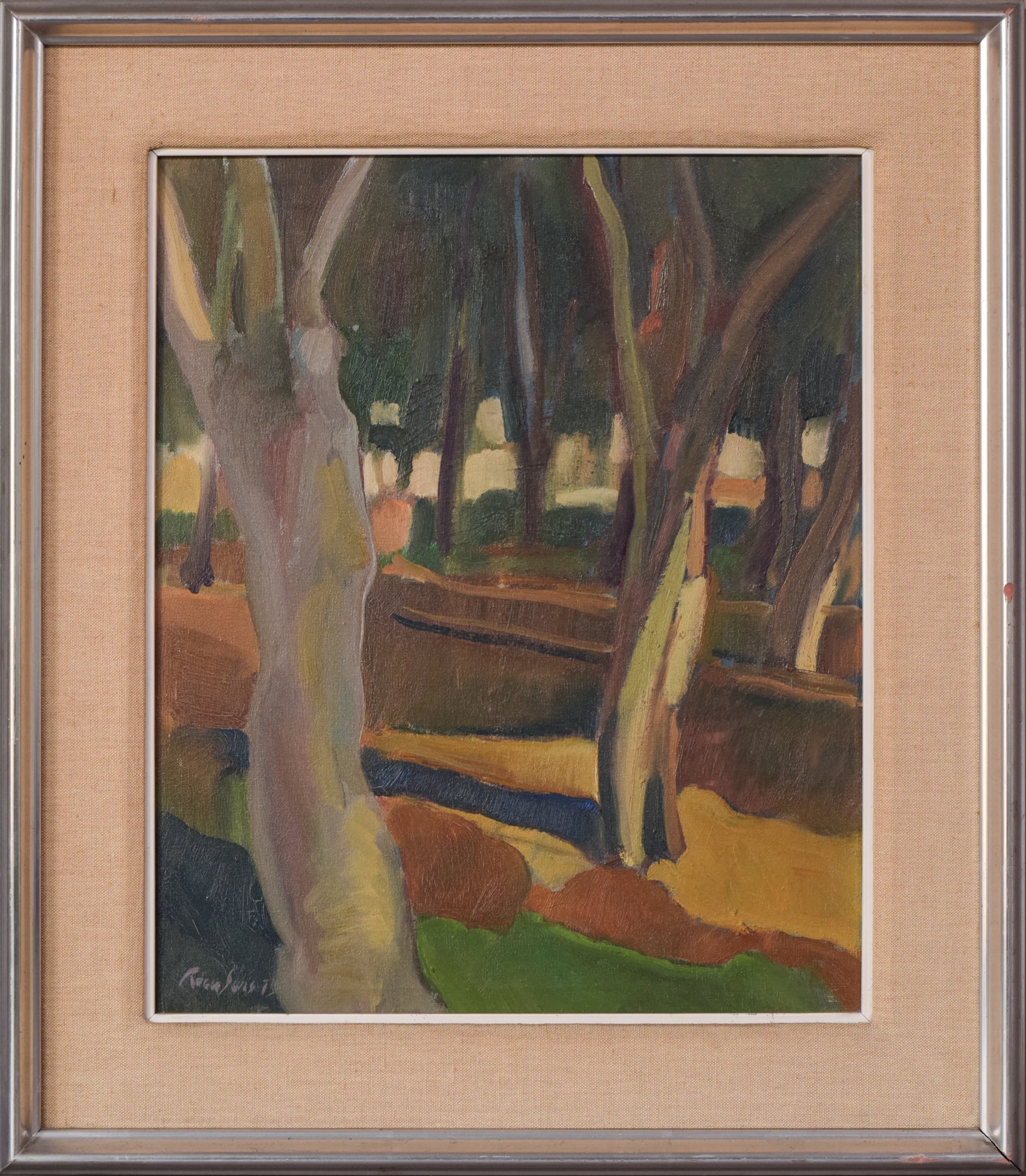 A painting of trees in a wooded area with a bench.