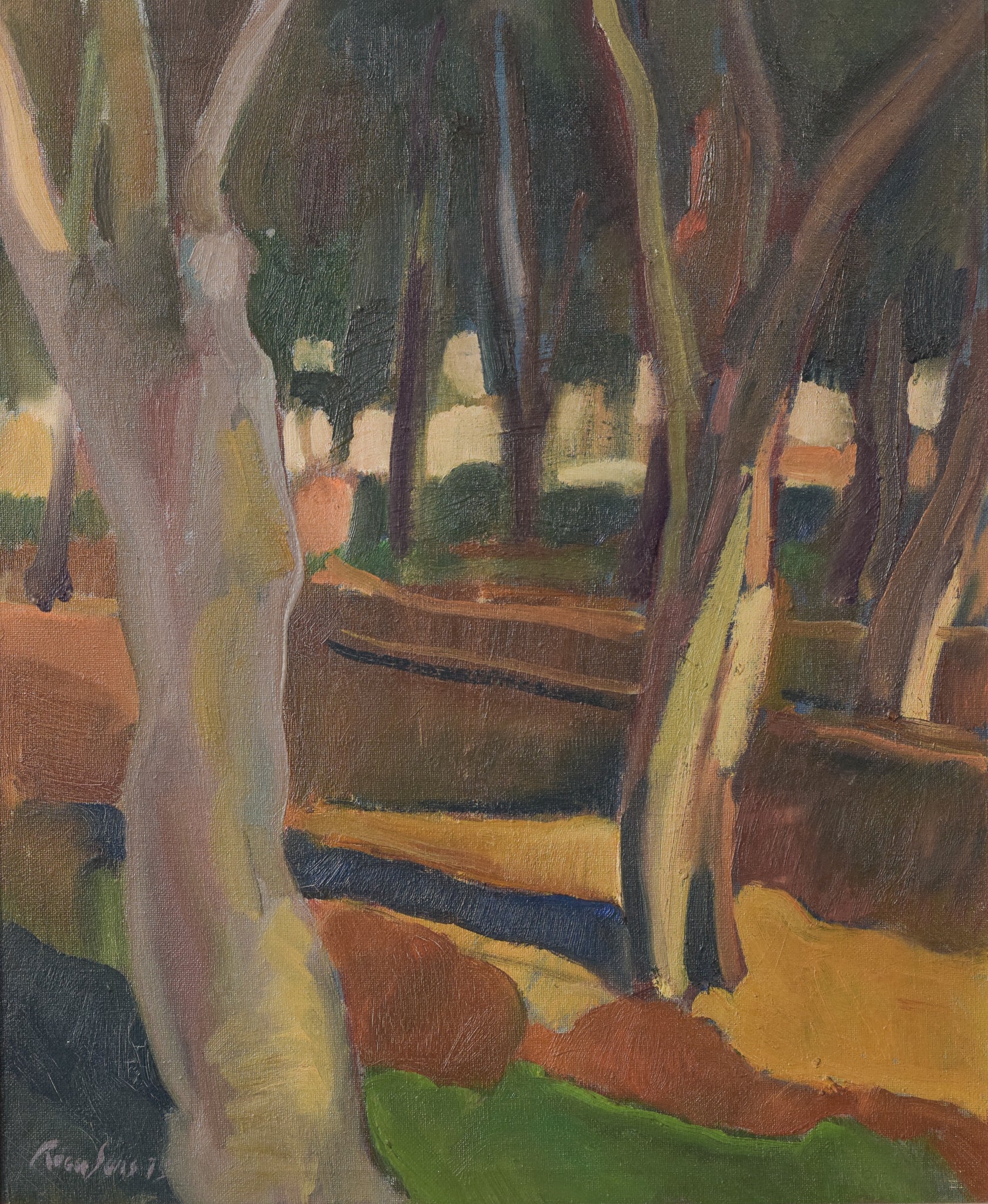 A painting of trees in a wooded area with a bench.