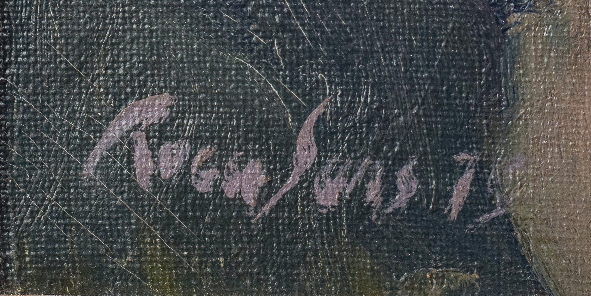 A painting of trees in a wooded area with a bench.