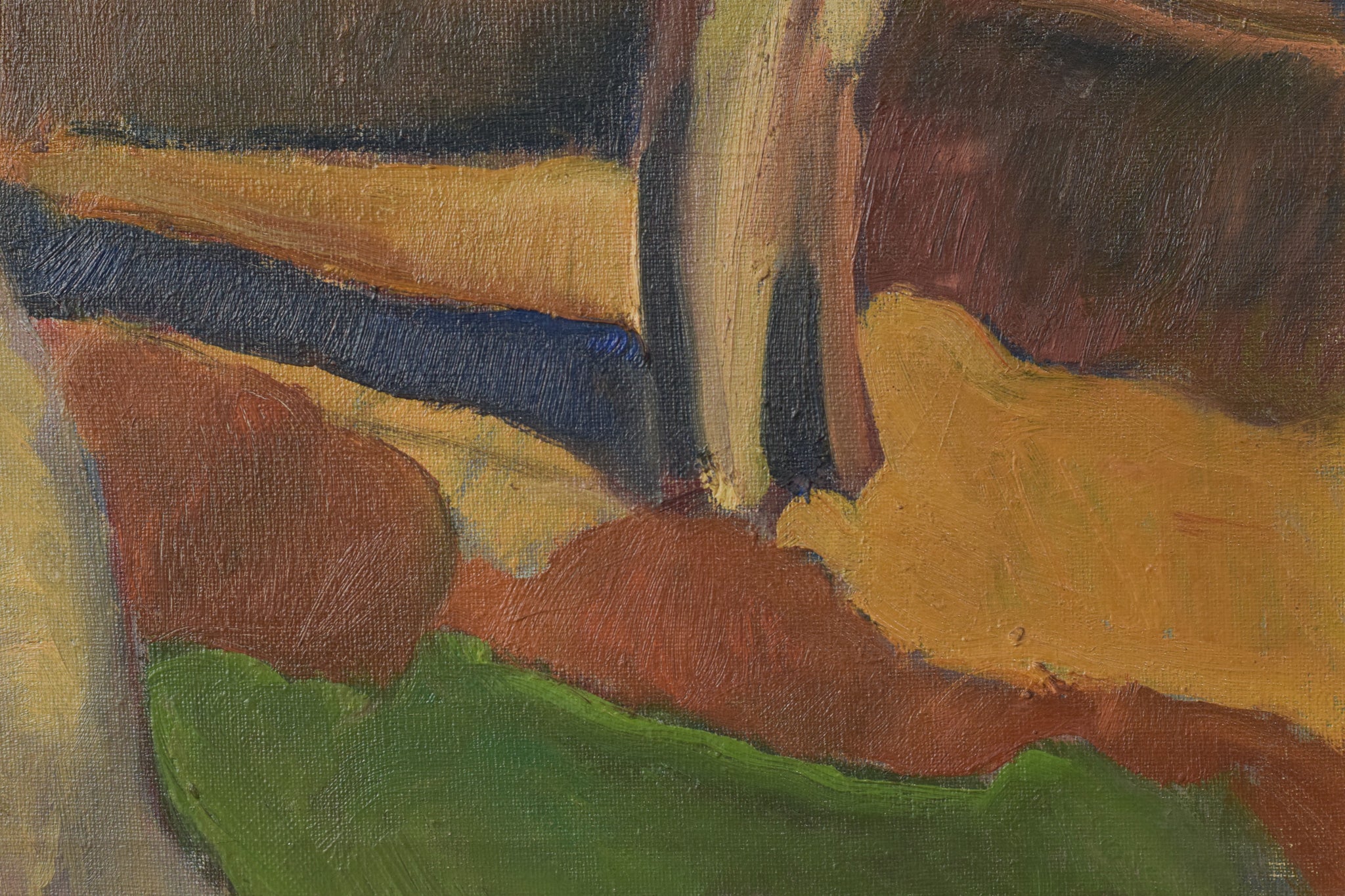 A painting of trees in a wooded area with a bench.