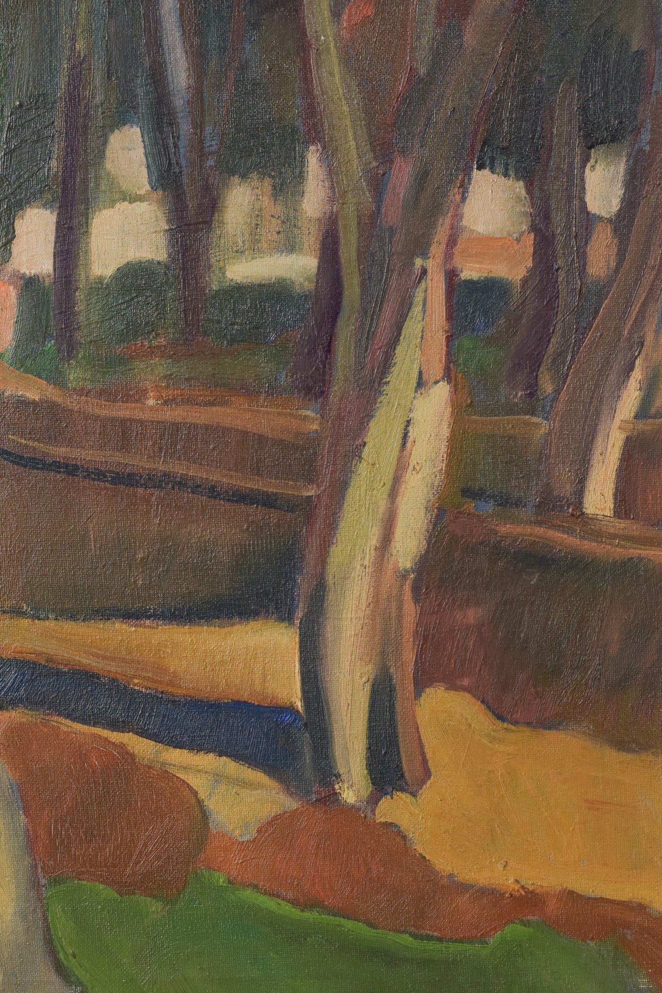 A painting of trees in a wooded area with a bench.