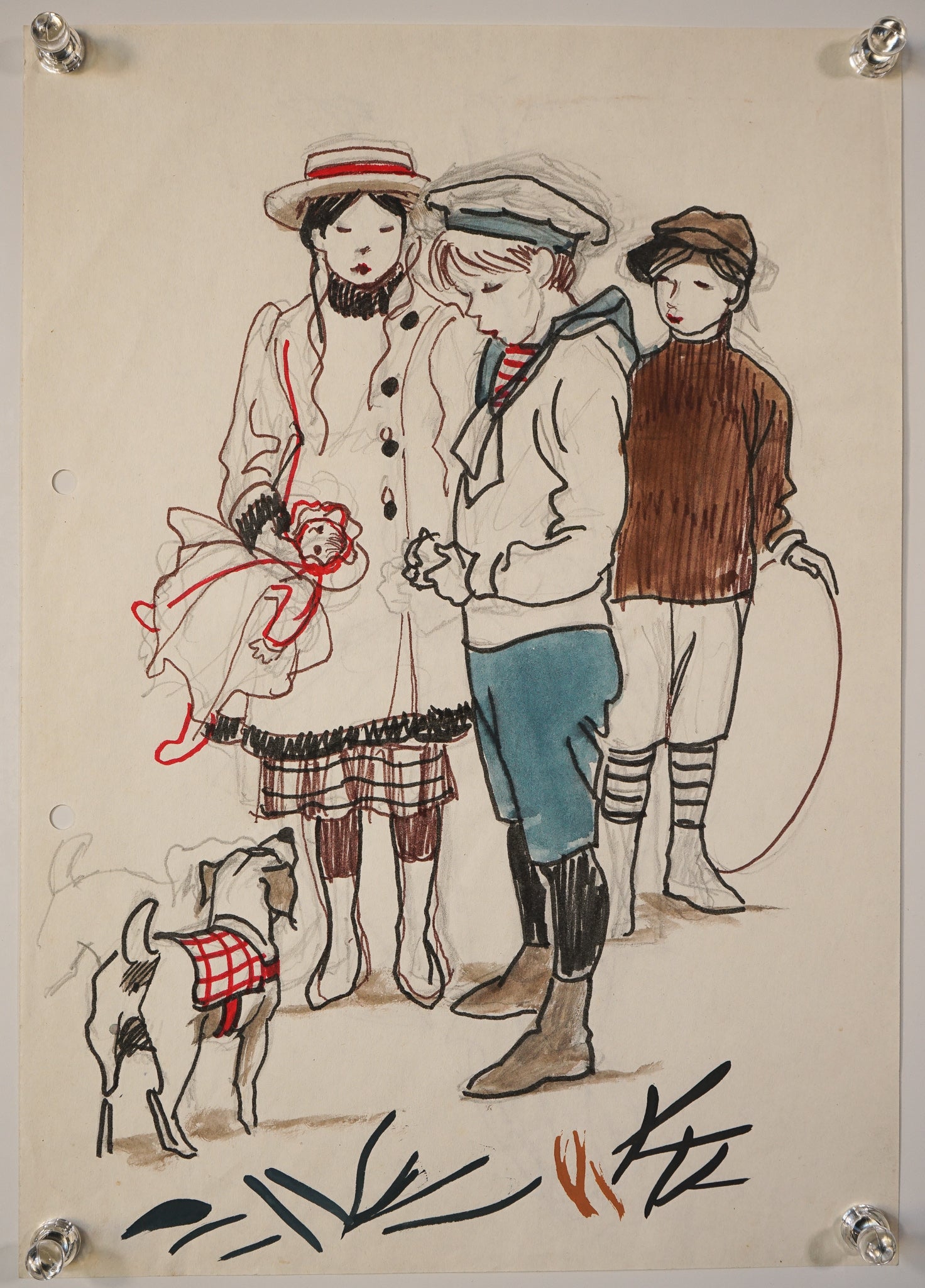 A group of four drawings hanging on a wall.