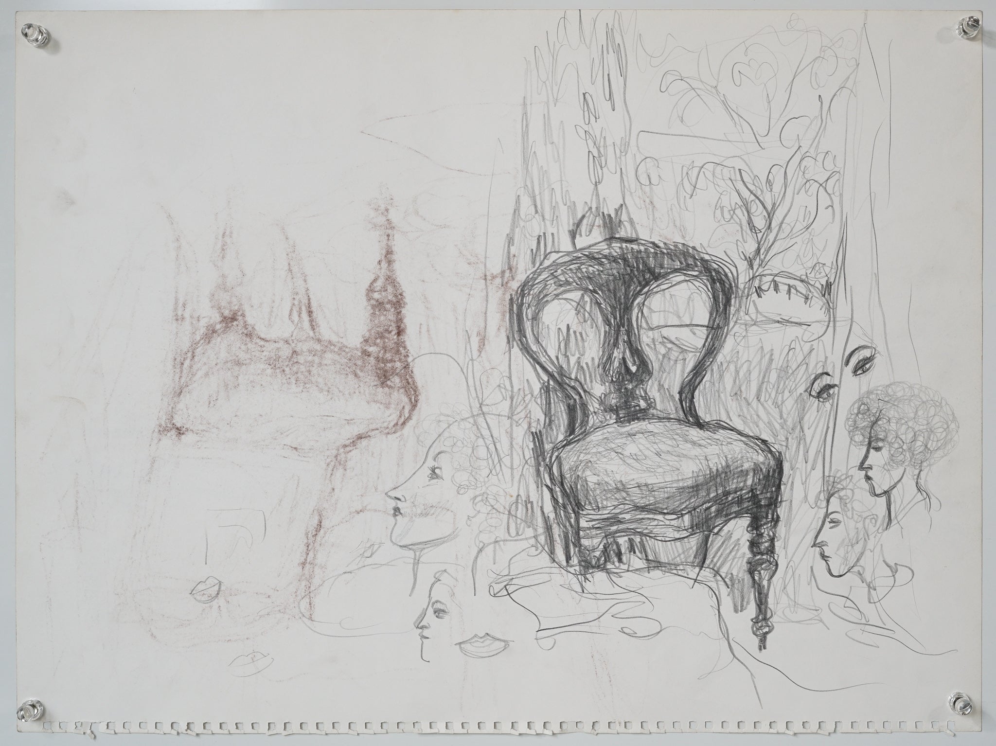 A drawing of two people sitting on a chair.