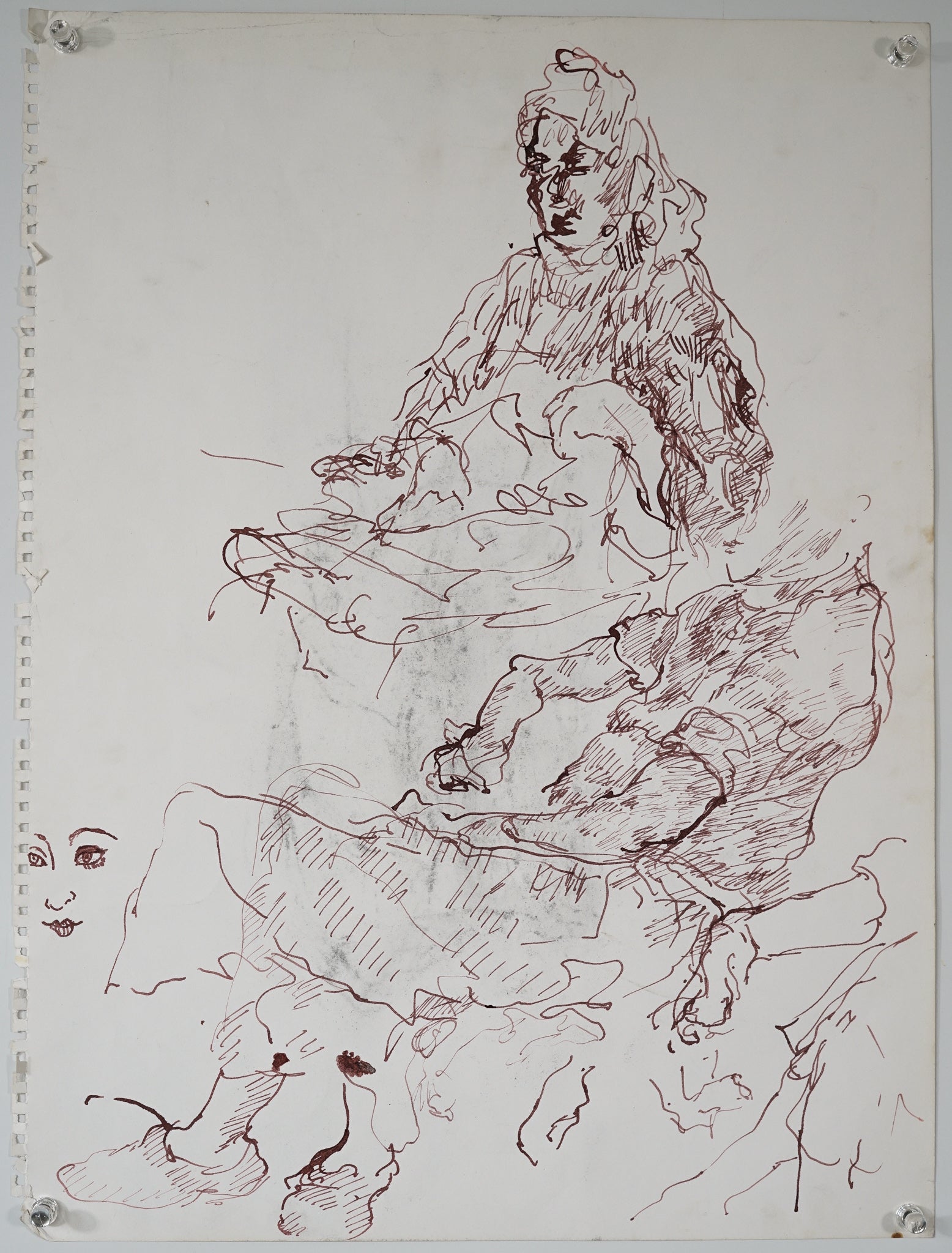A drawing of two people sitting on a chair.