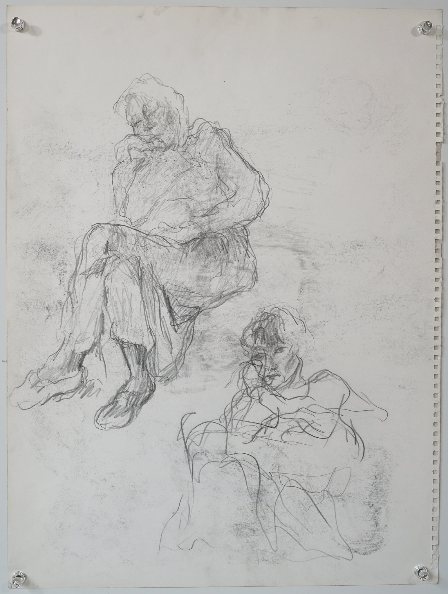 A drawing of two people sitting on a chair.