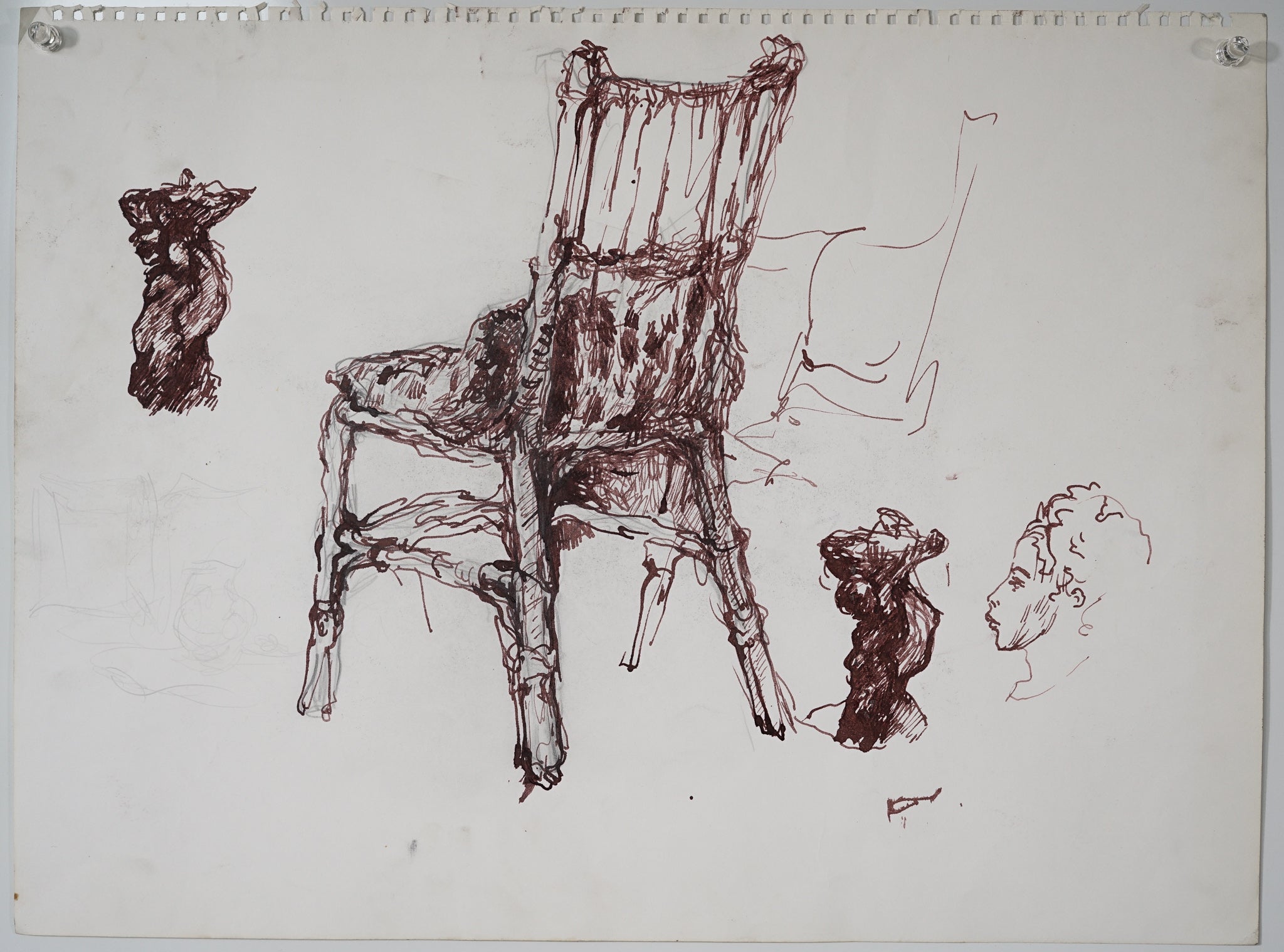 A drawing of two people sitting on a chair.