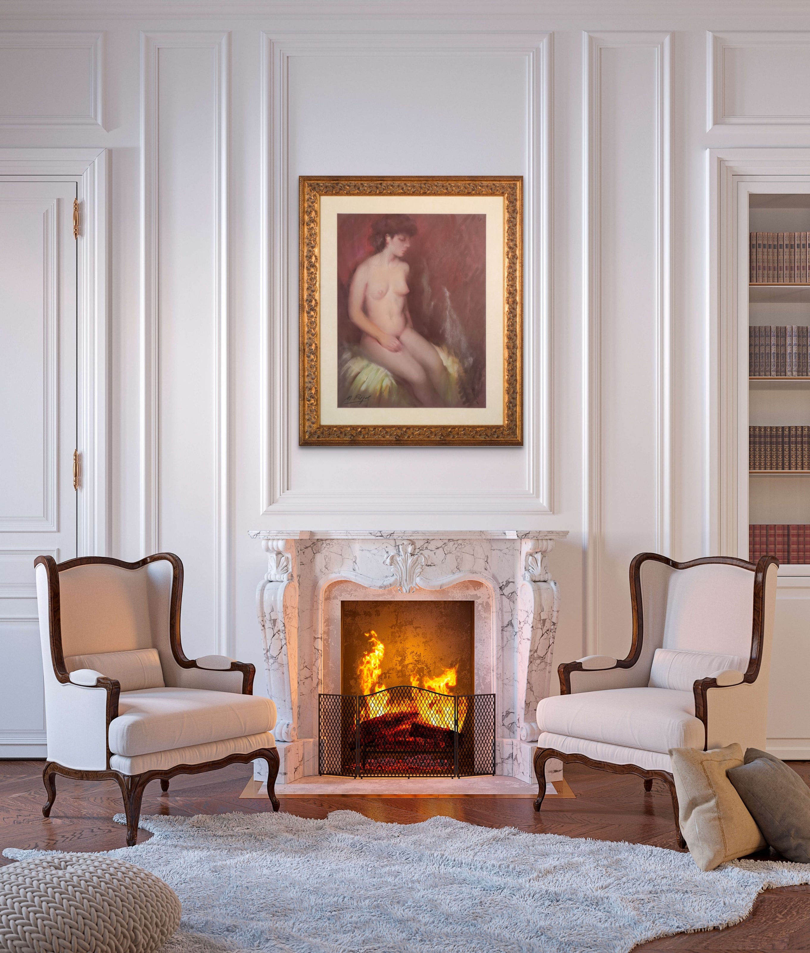 A painting of a nude woman sitting on a chair.