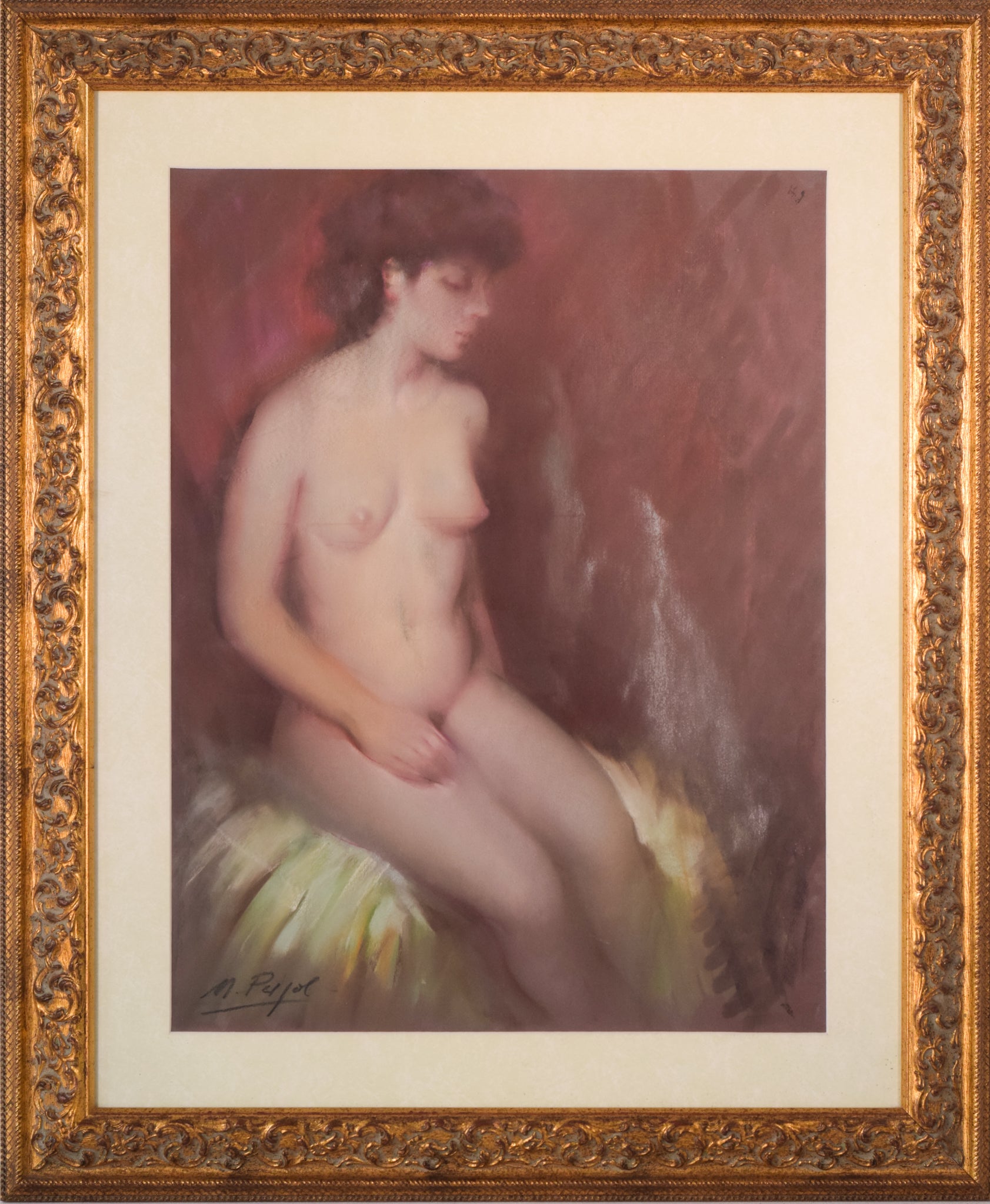 A painting of a nude woman sitting on a chair.