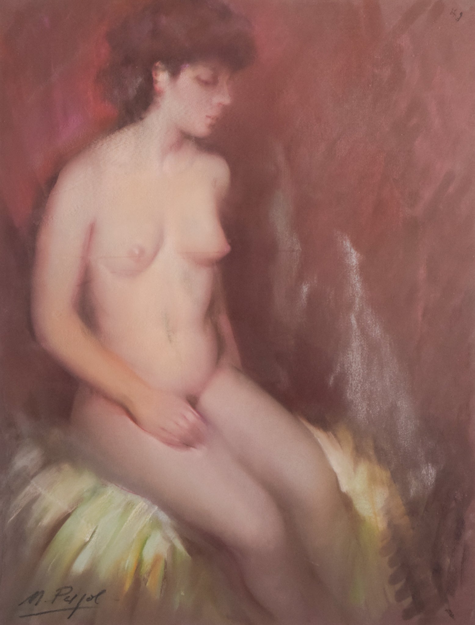 A painting of a nude woman sitting on a chair.