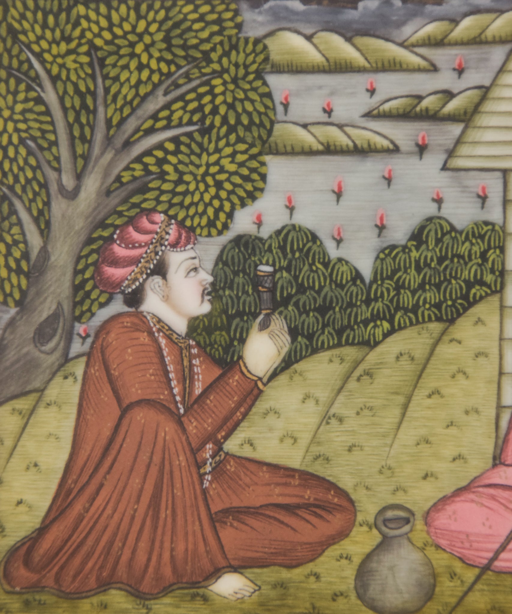 A painting of two men sitting on the ground in front of a house.