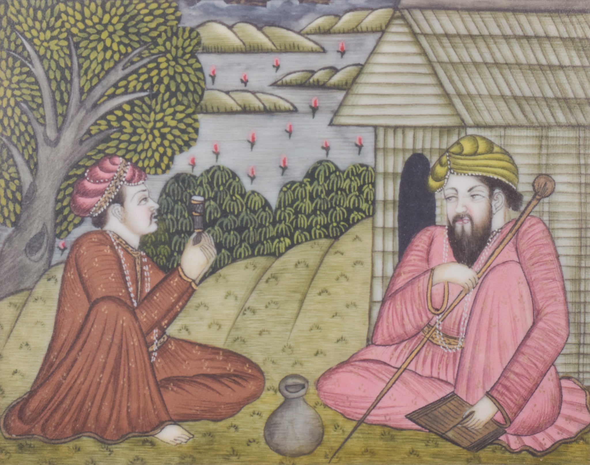 A painting of two men sitting on the ground in front of a house.