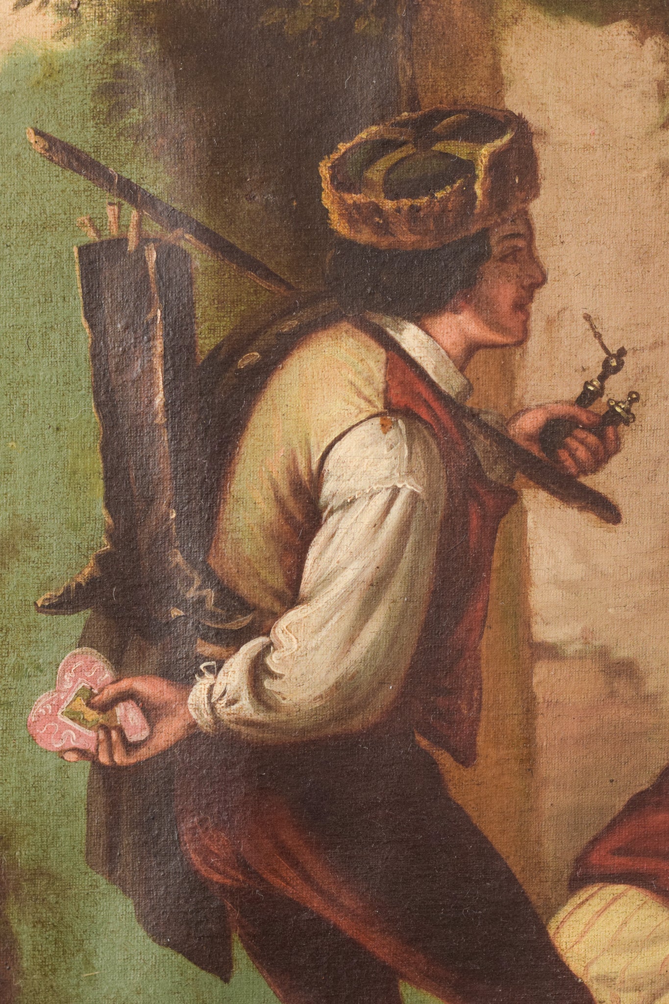 A painting of a man and two women and a cat in a courtyard.