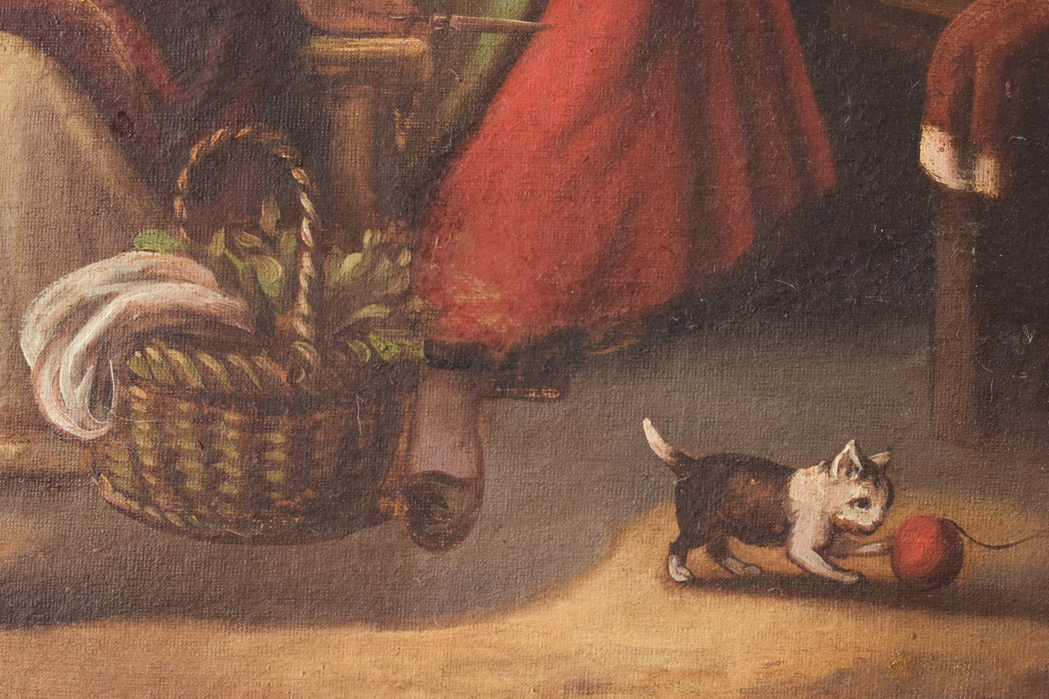 A painting of a man and two women and a cat in a courtyard.