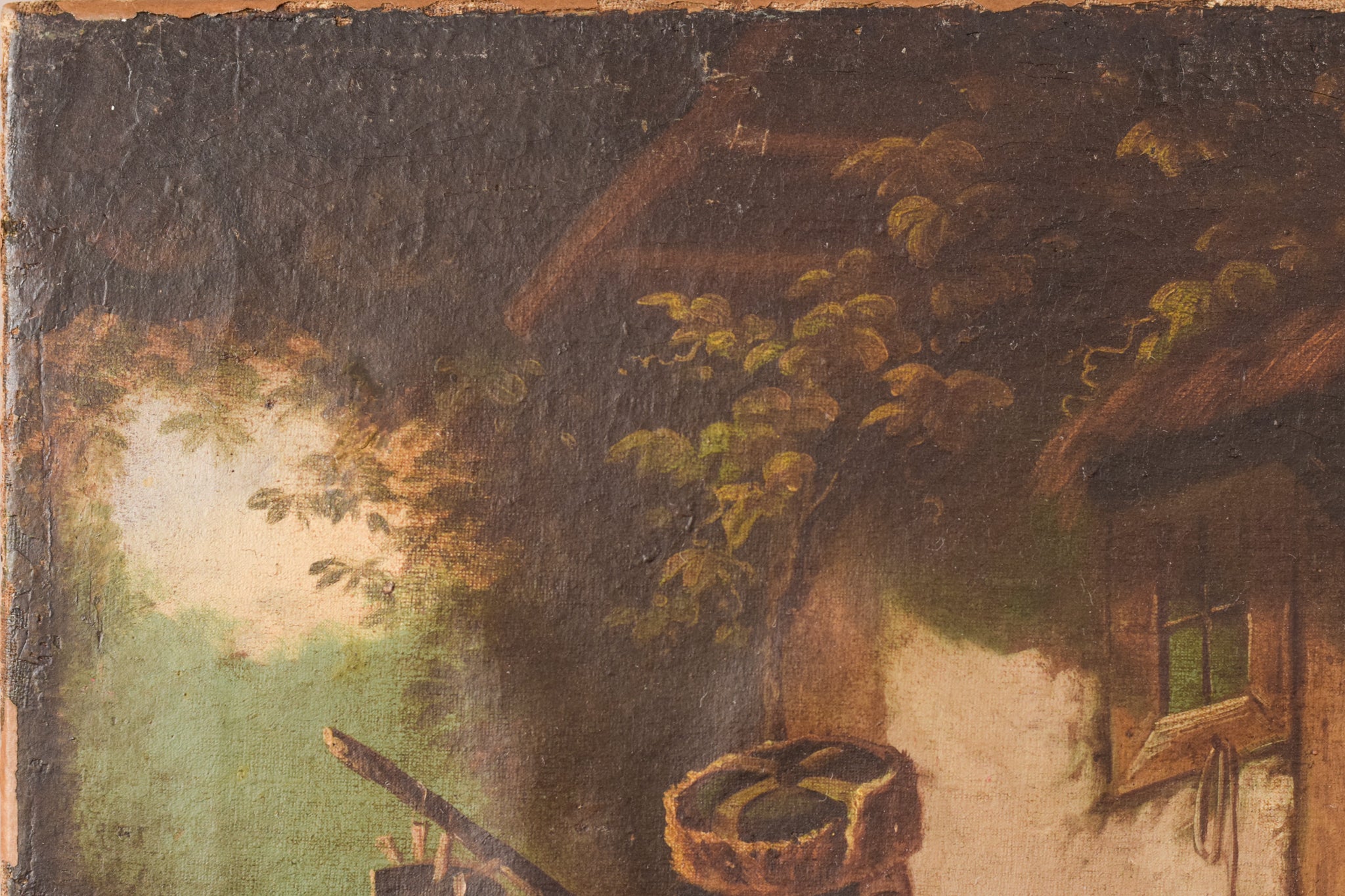 A painting of a man and two women and a cat in a courtyard.