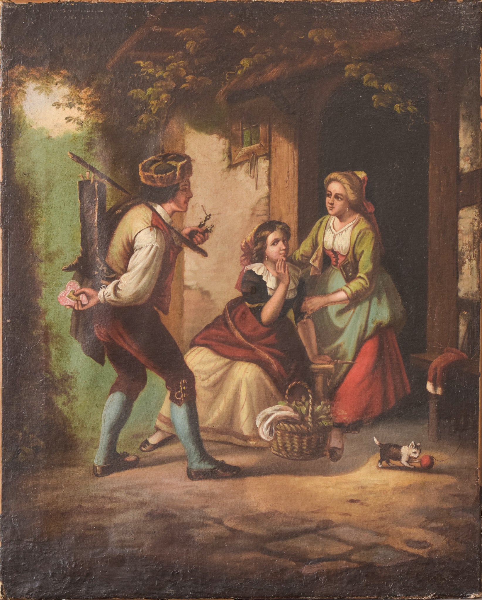 A painting of a man and two women and a cat in a courtyard.