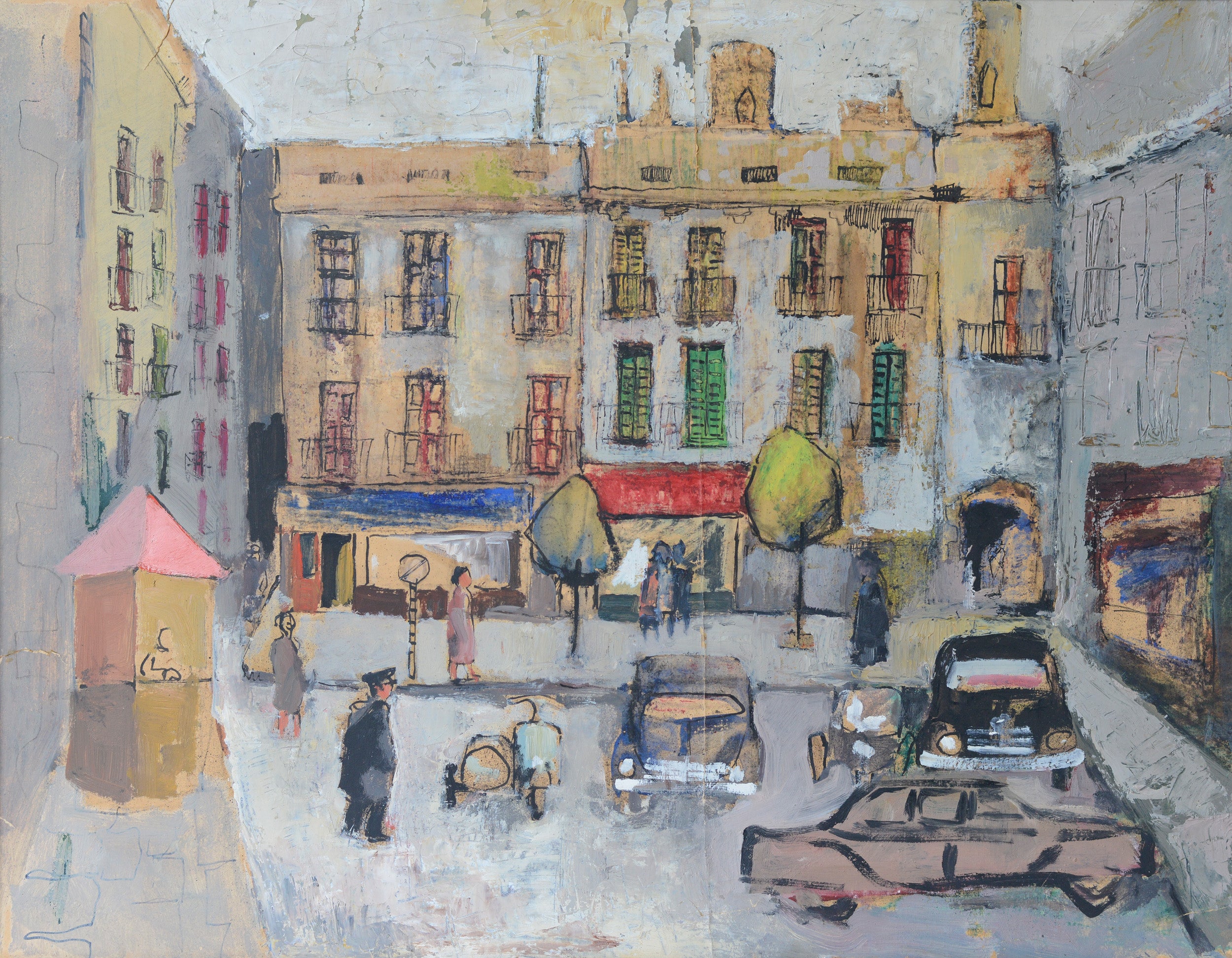 A painting of a city street with cars and people.