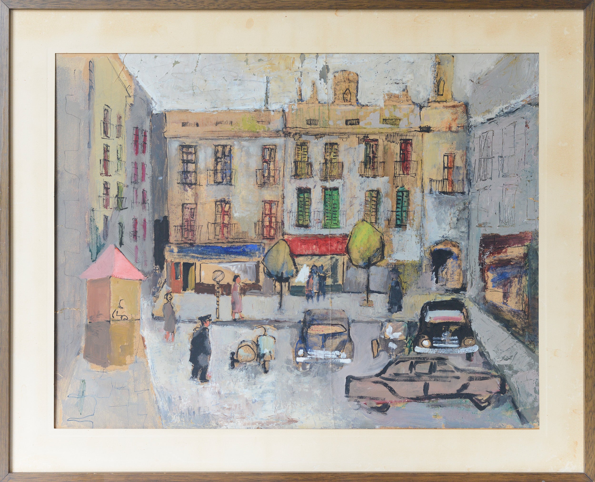 A painting of a city street with cars and people.
