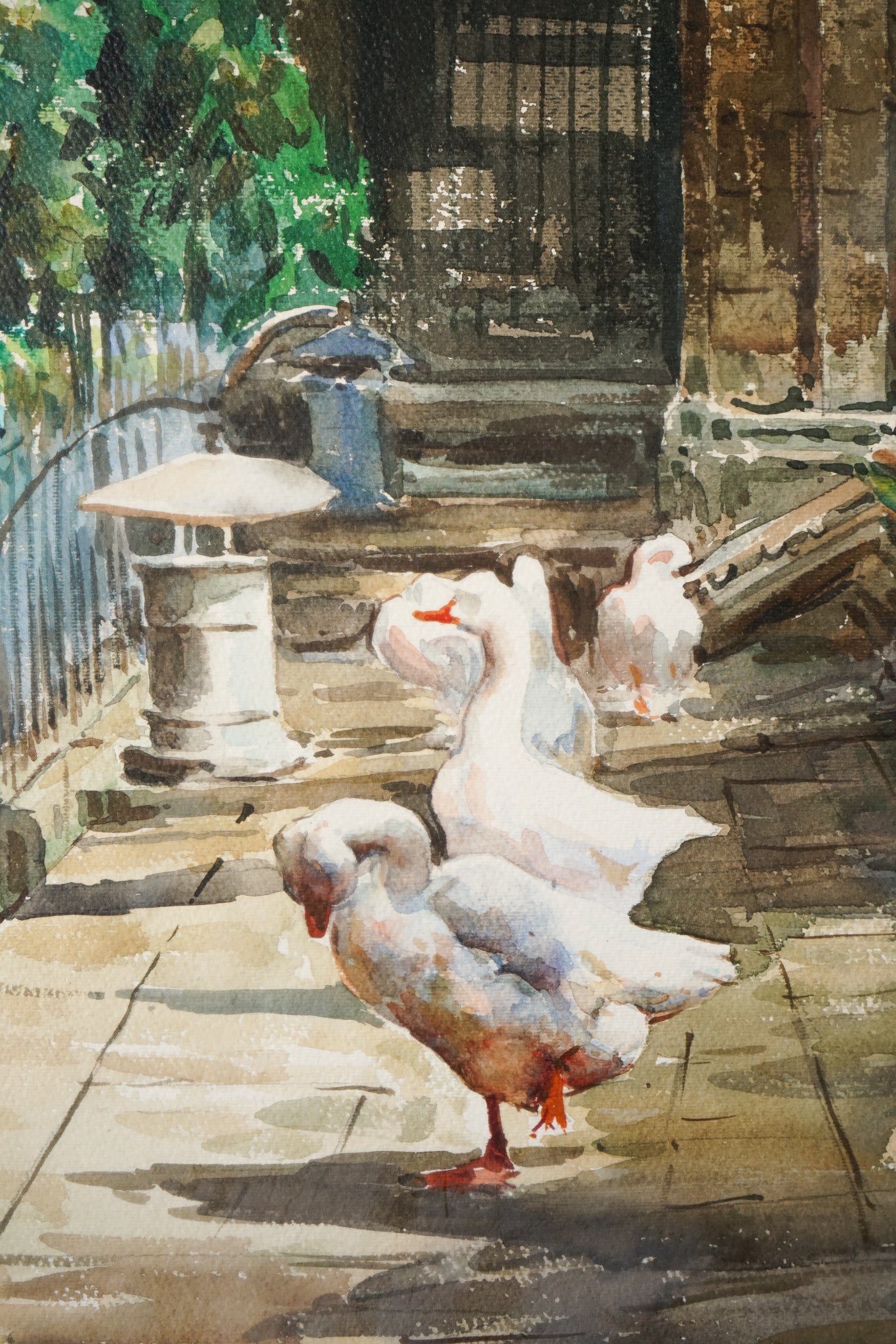 A painting of ducks walking down a sidewalk next to a fountain.