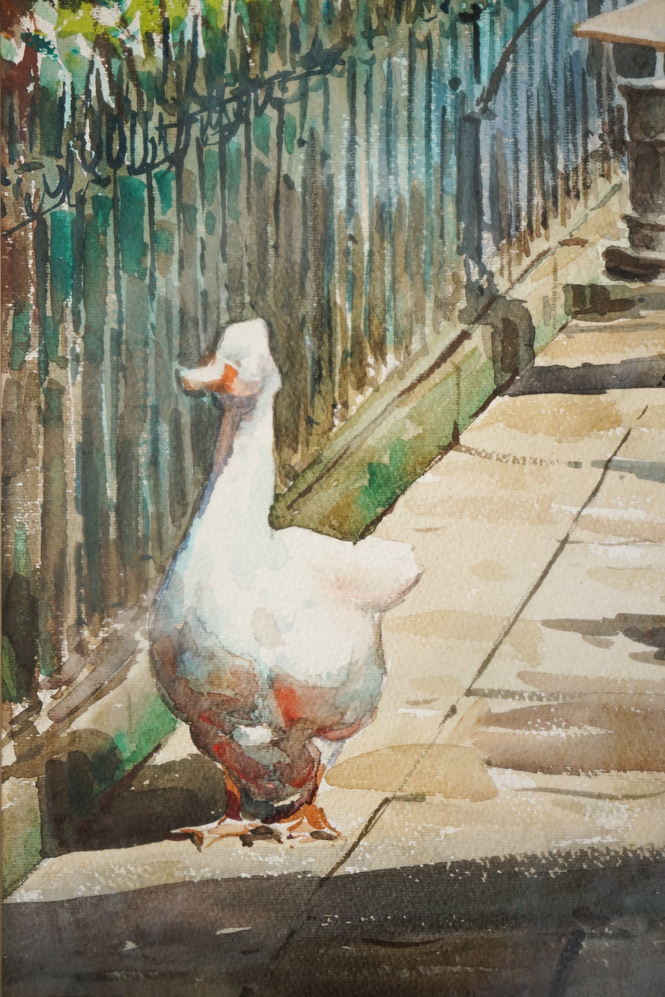 A painting of ducks walking down a sidewalk next to a fountain.