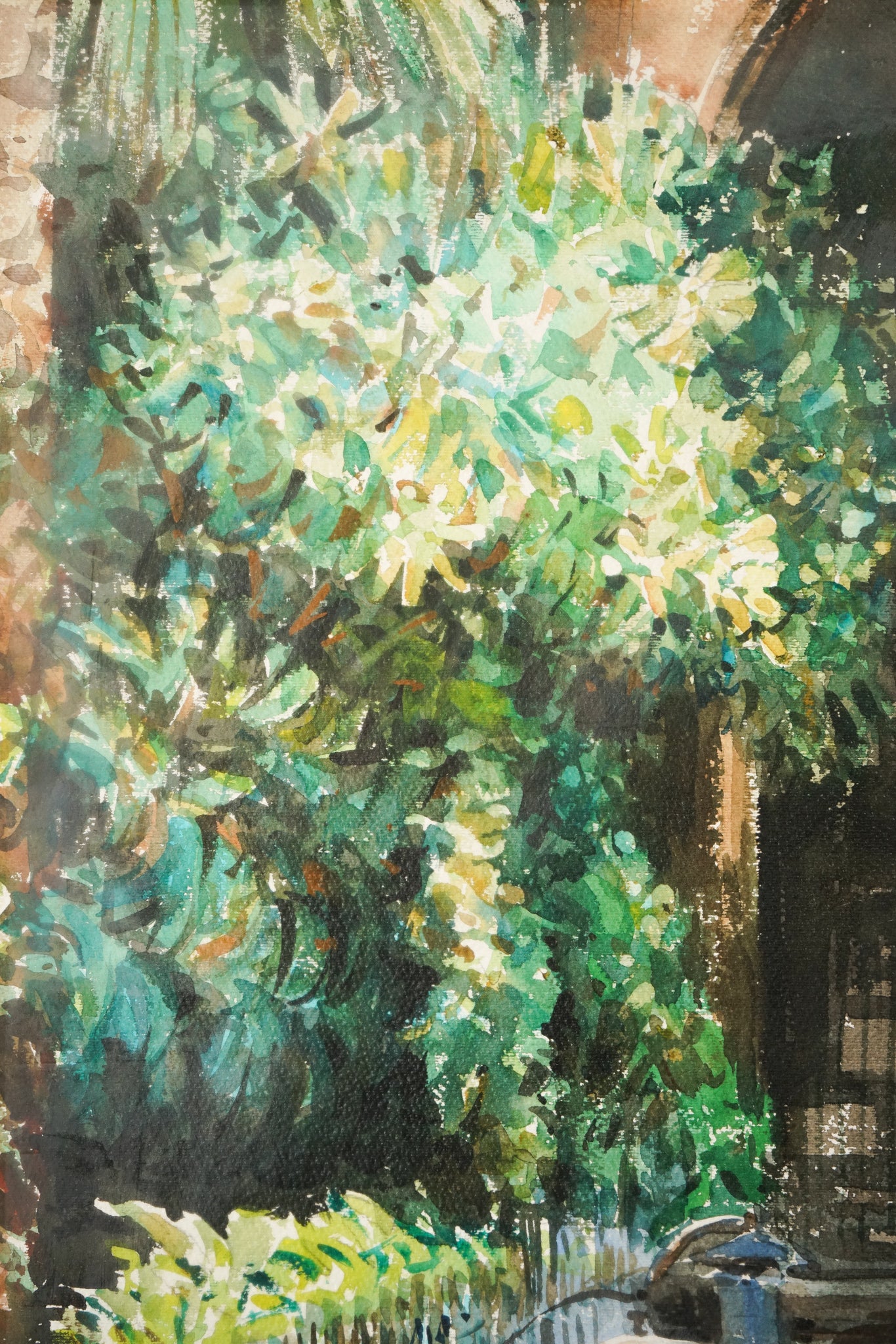 A painting of ducks walking down a sidewalk next to a fountain.