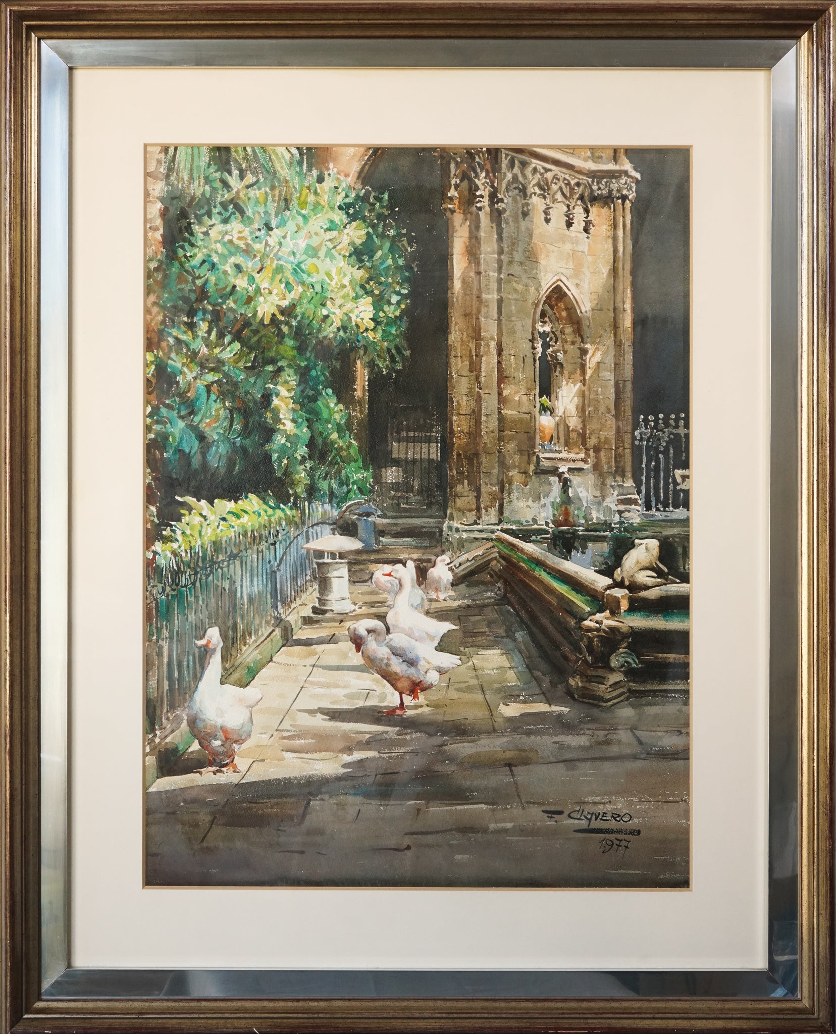 A painting of ducks walking down a sidewalk next to a fountain.