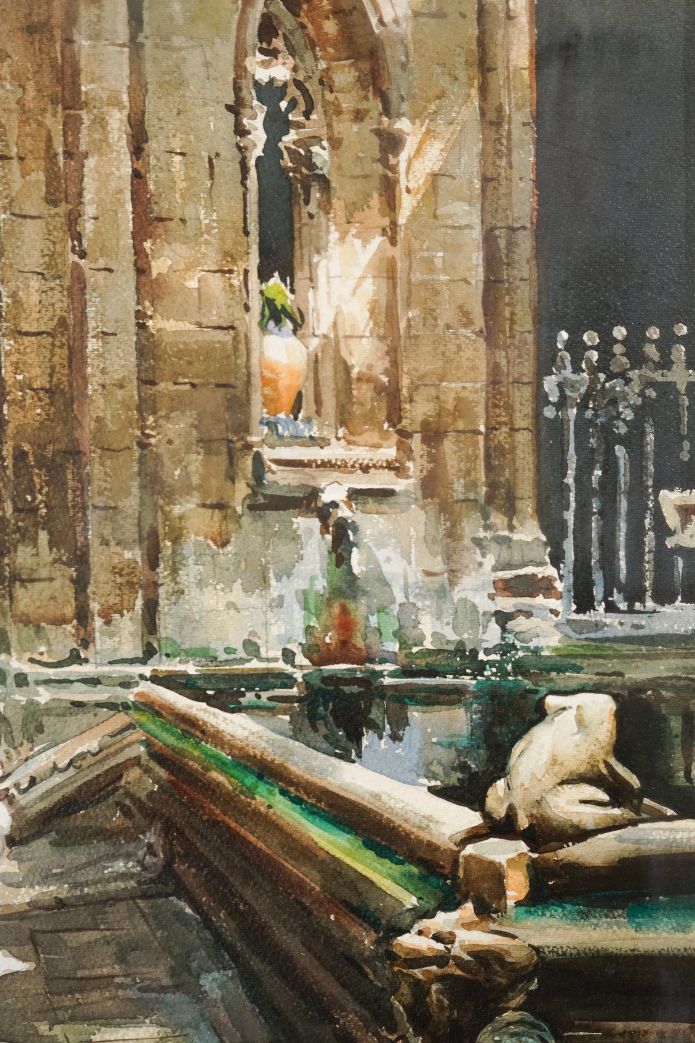 A painting of ducks walking down a sidewalk next to a fountain.
