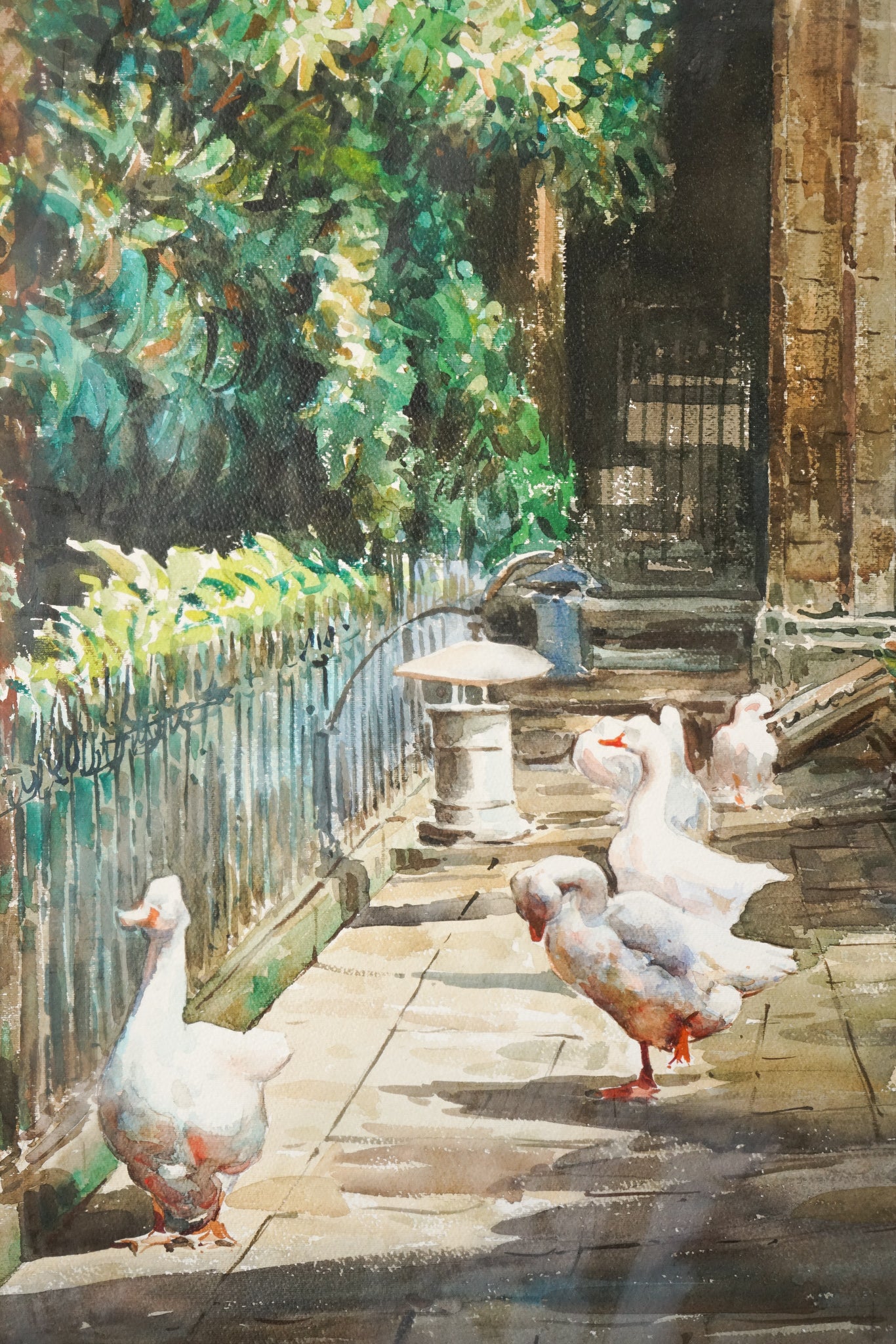 A painting of ducks walking down a sidewalk next to a fountain.
