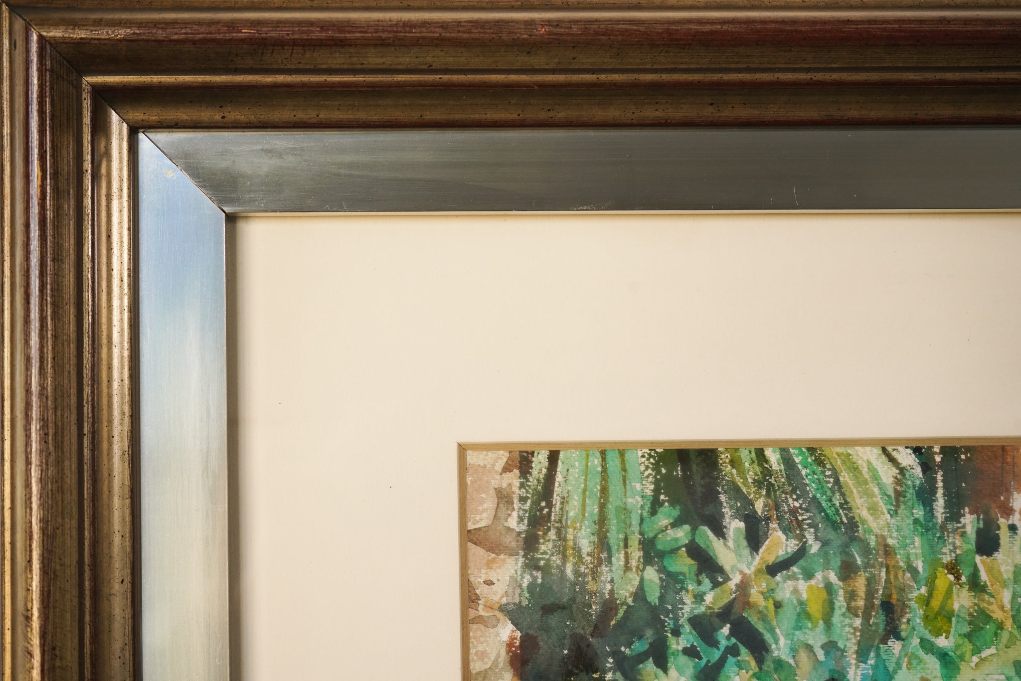 A painting of ducks walking down a sidewalk next to a fountain.