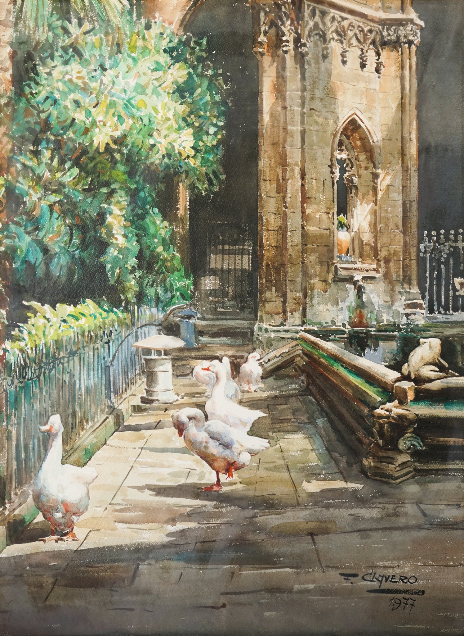 A painting of ducks walking down a sidewalk next to a fountain.
