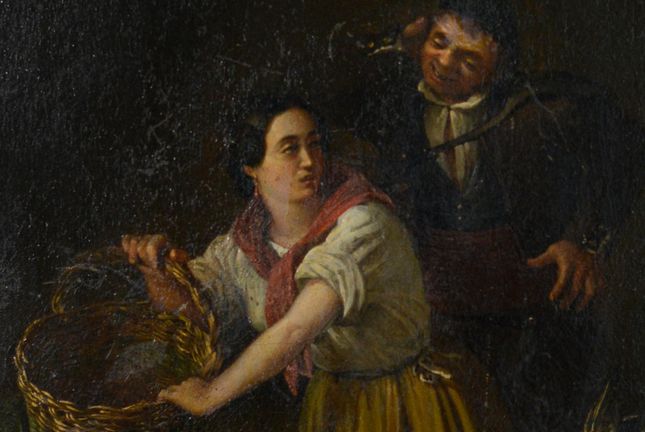 A painting of a man and woman in a kitchen.