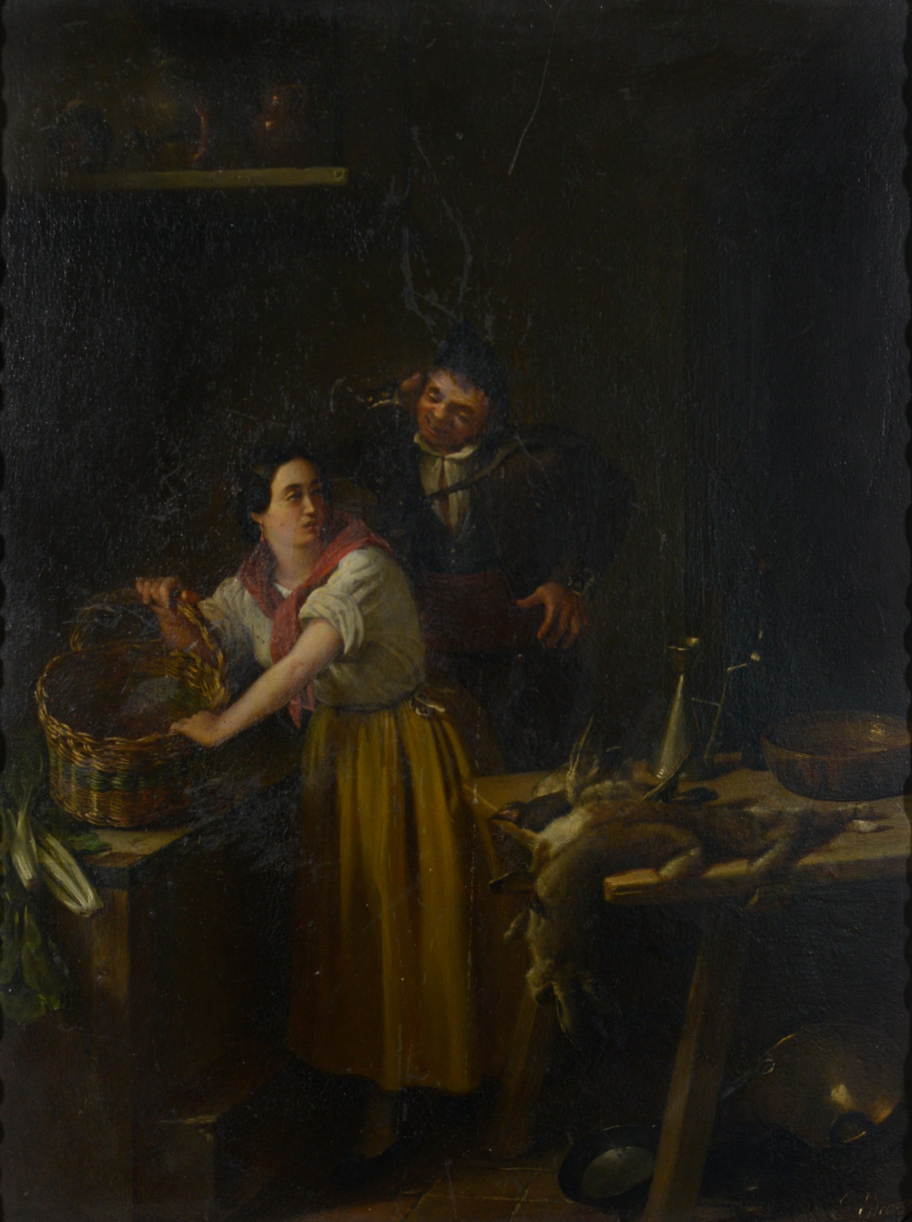 A painting of a man and woman in a kitchen.