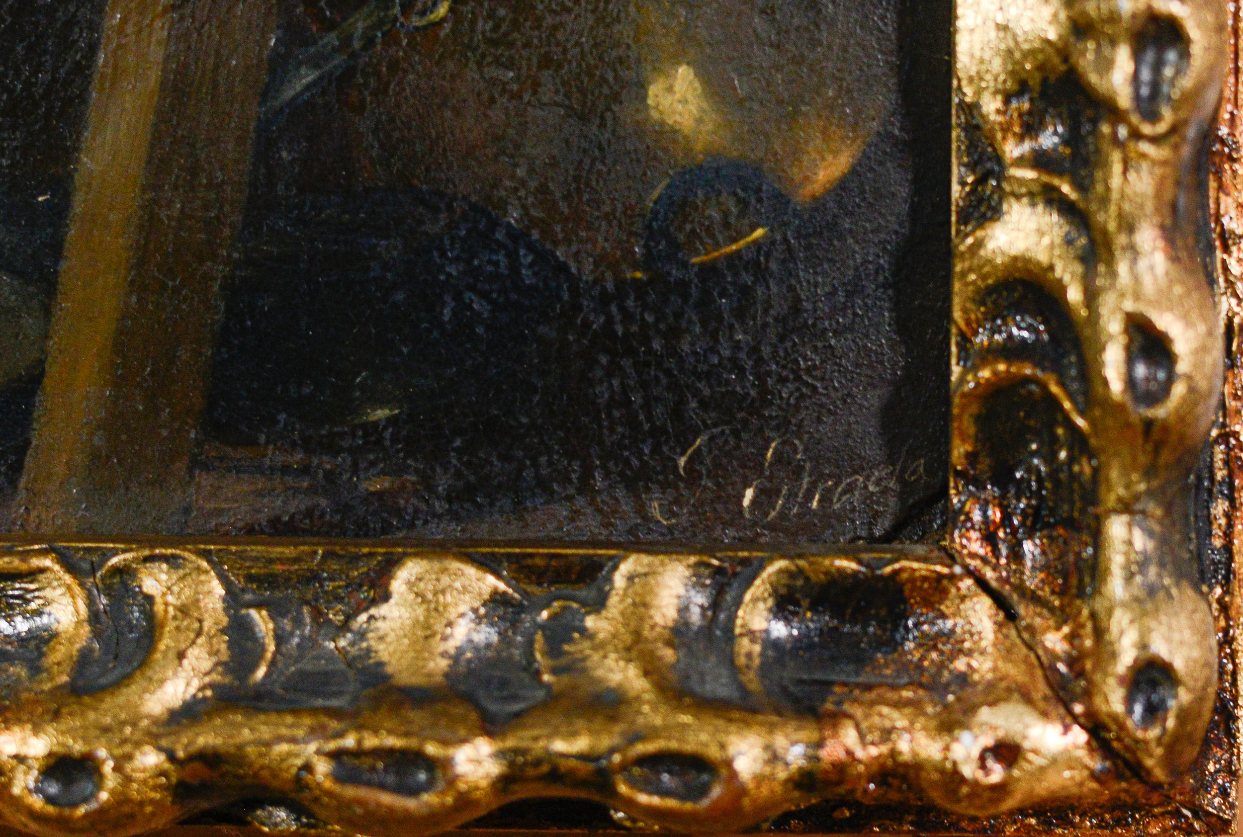 A painting of a man and woman in a kitchen.
