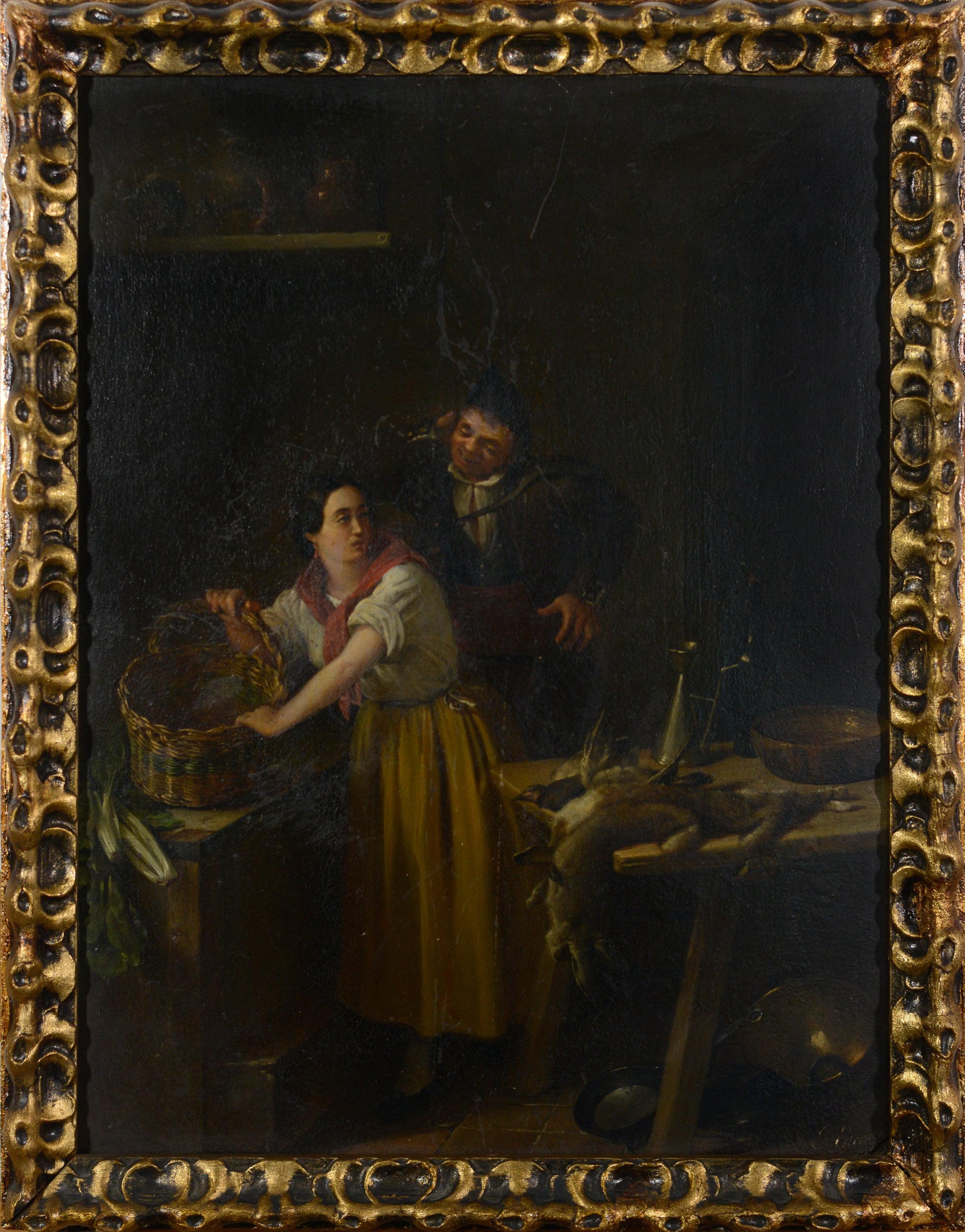A painting of a man and woman in a kitchen.