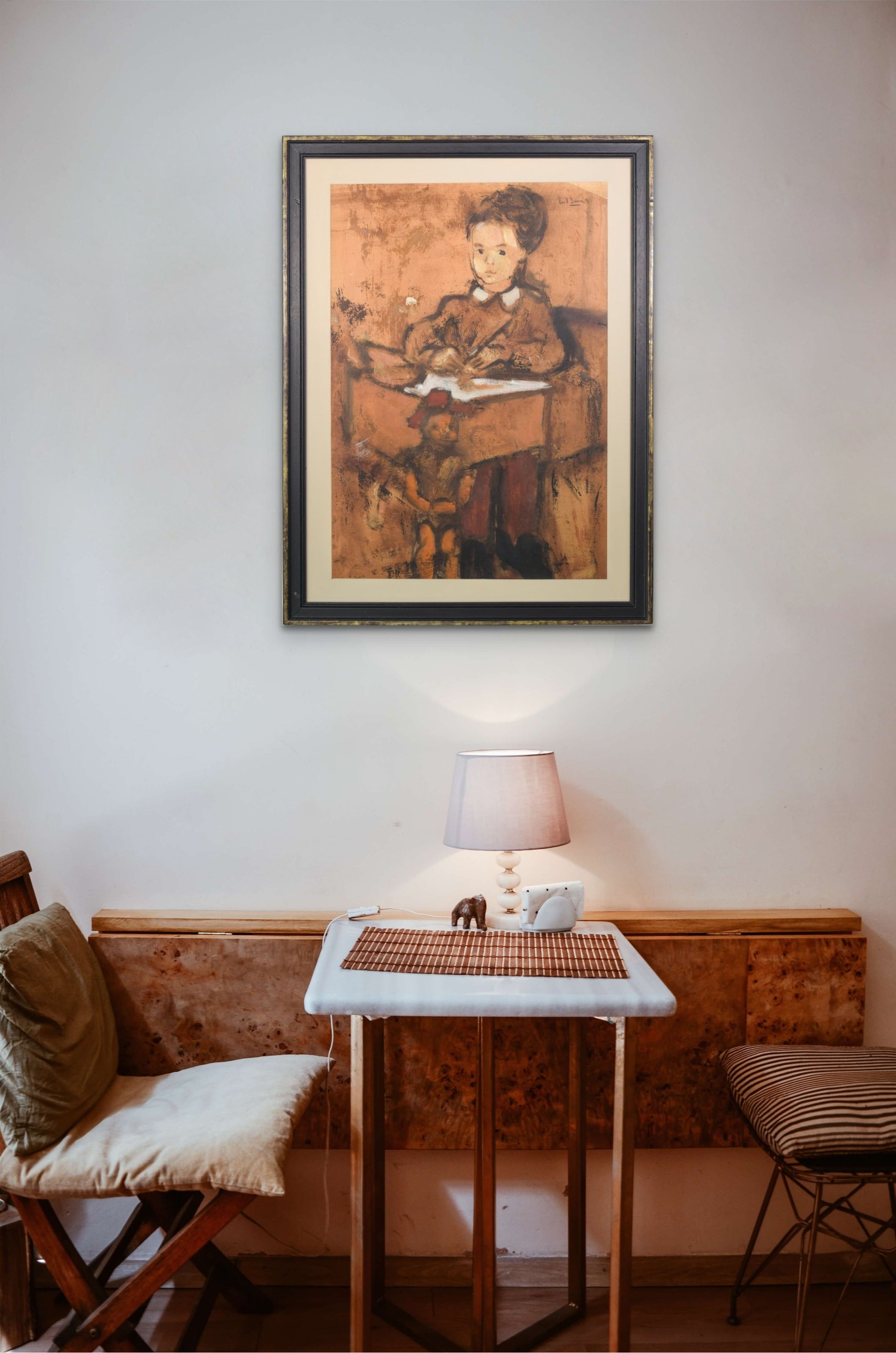 A painting of a woman sitting at a desk with a child.