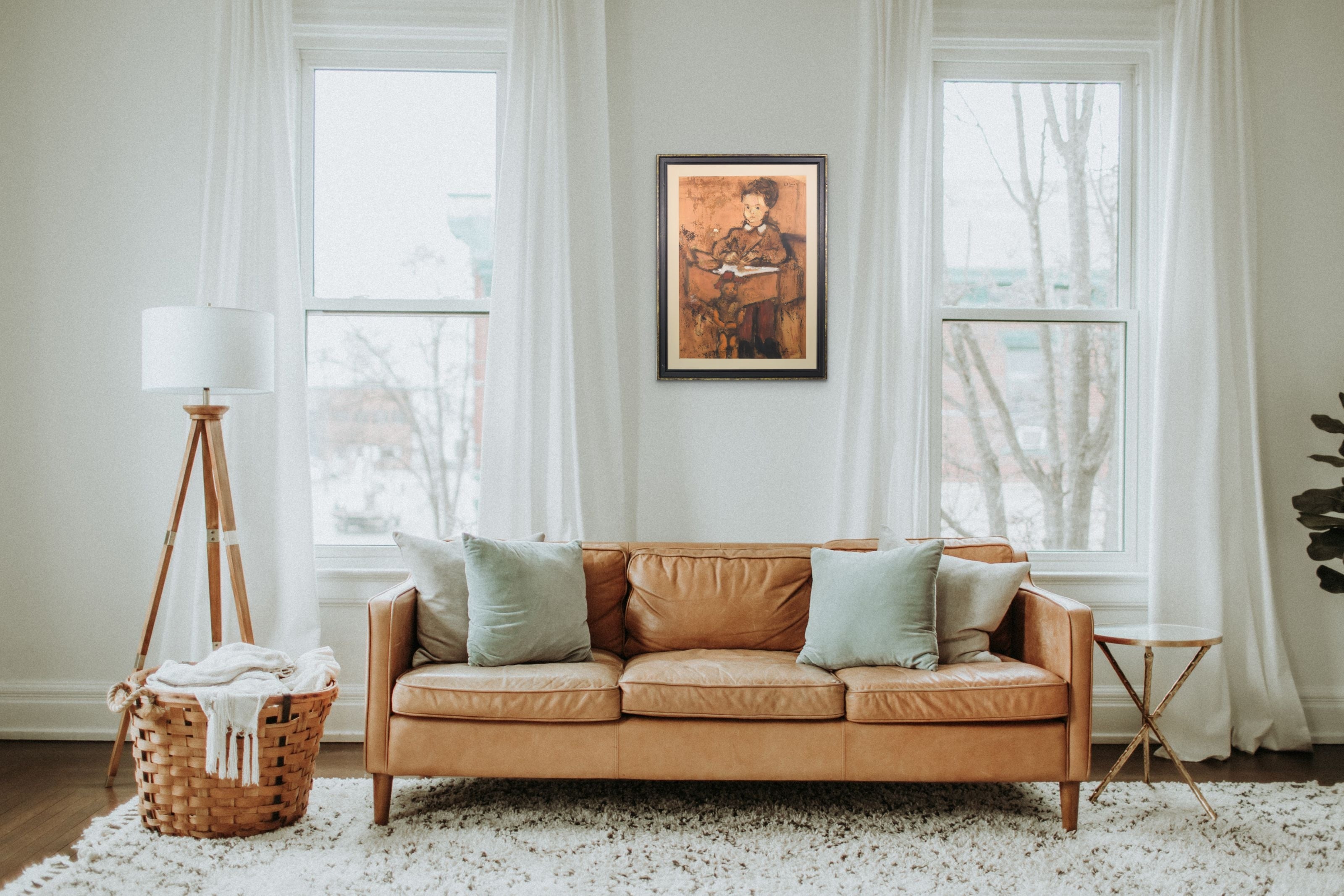 A painting of a woman sitting at a desk with a child.