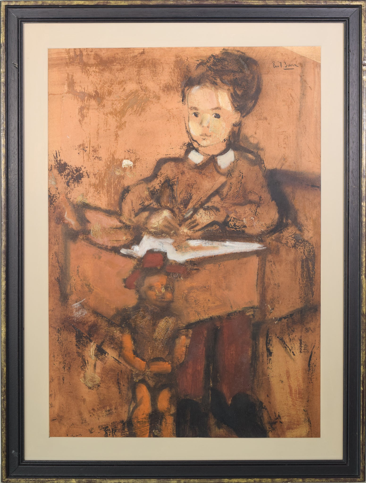 A painting of a woman sitting at a desk with a child.