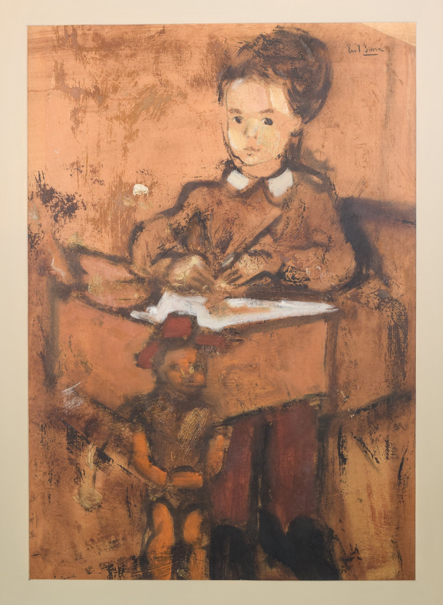 A painting of a woman sitting at a desk with a child.
