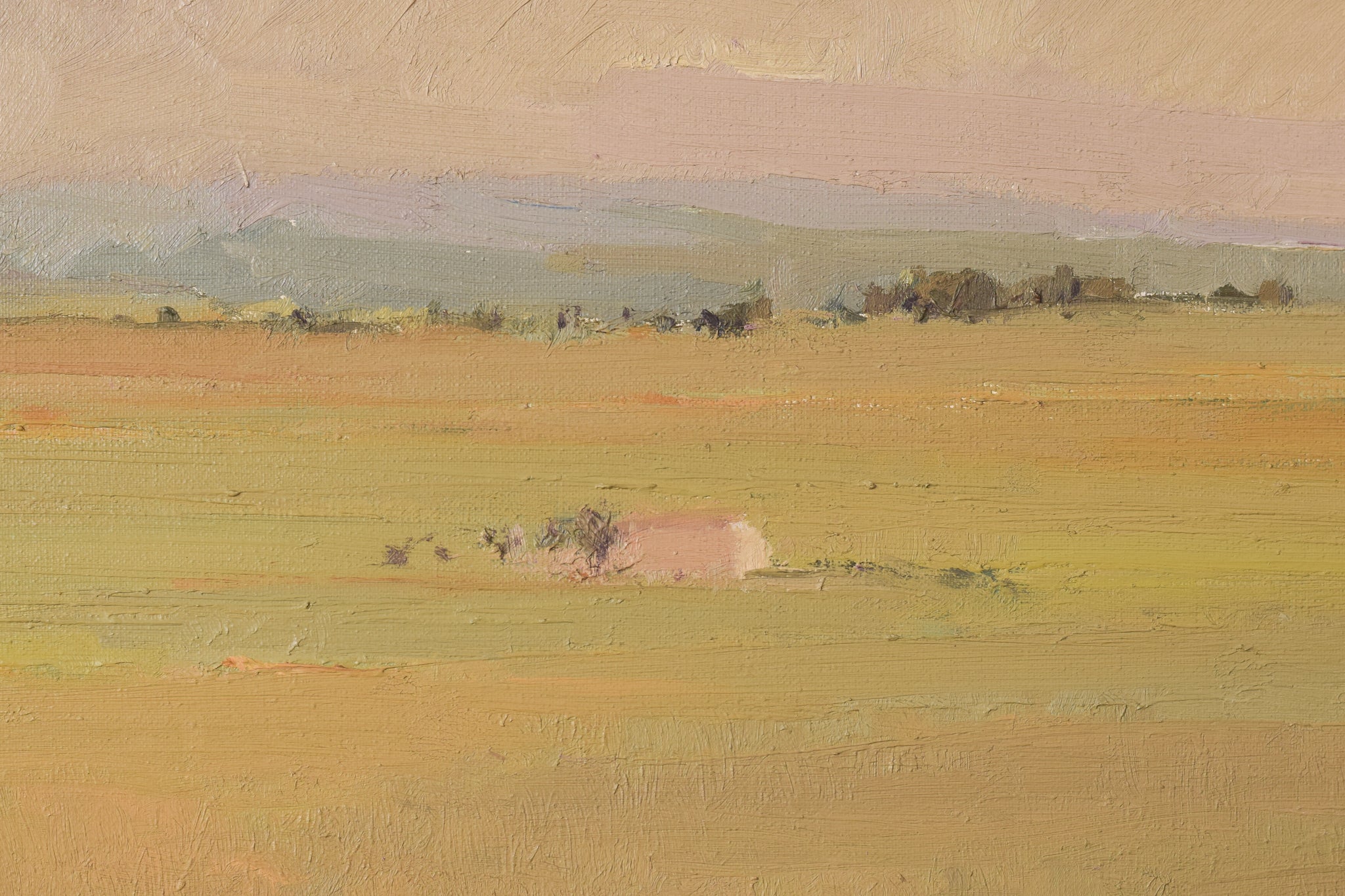 A painting of a field with a house in the distance.