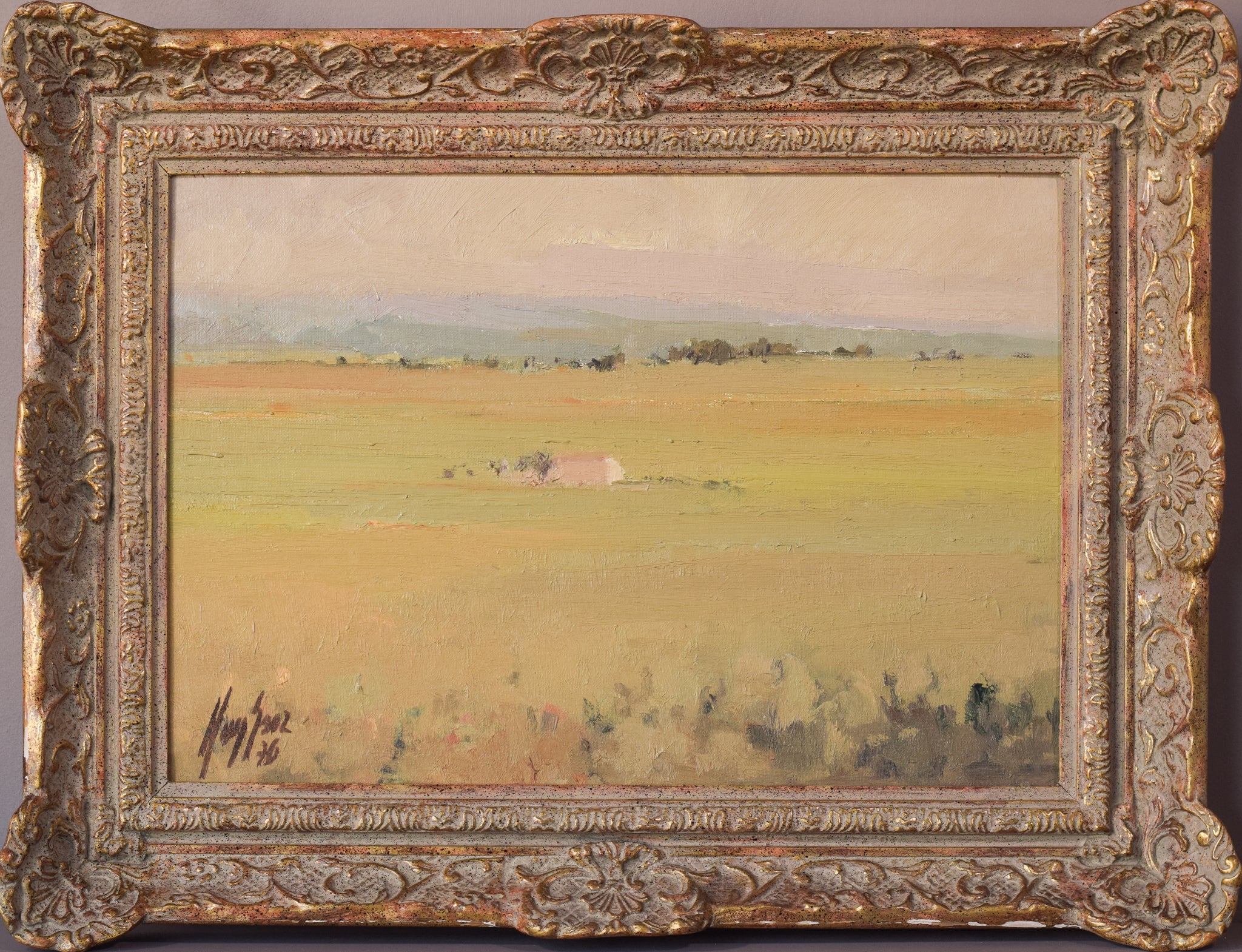 A painting of a field with a house in the distance.