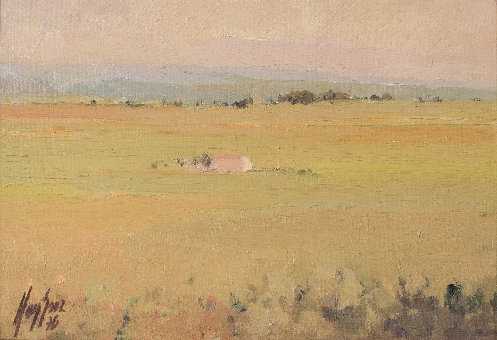 A painting of a field with a house in the distance.