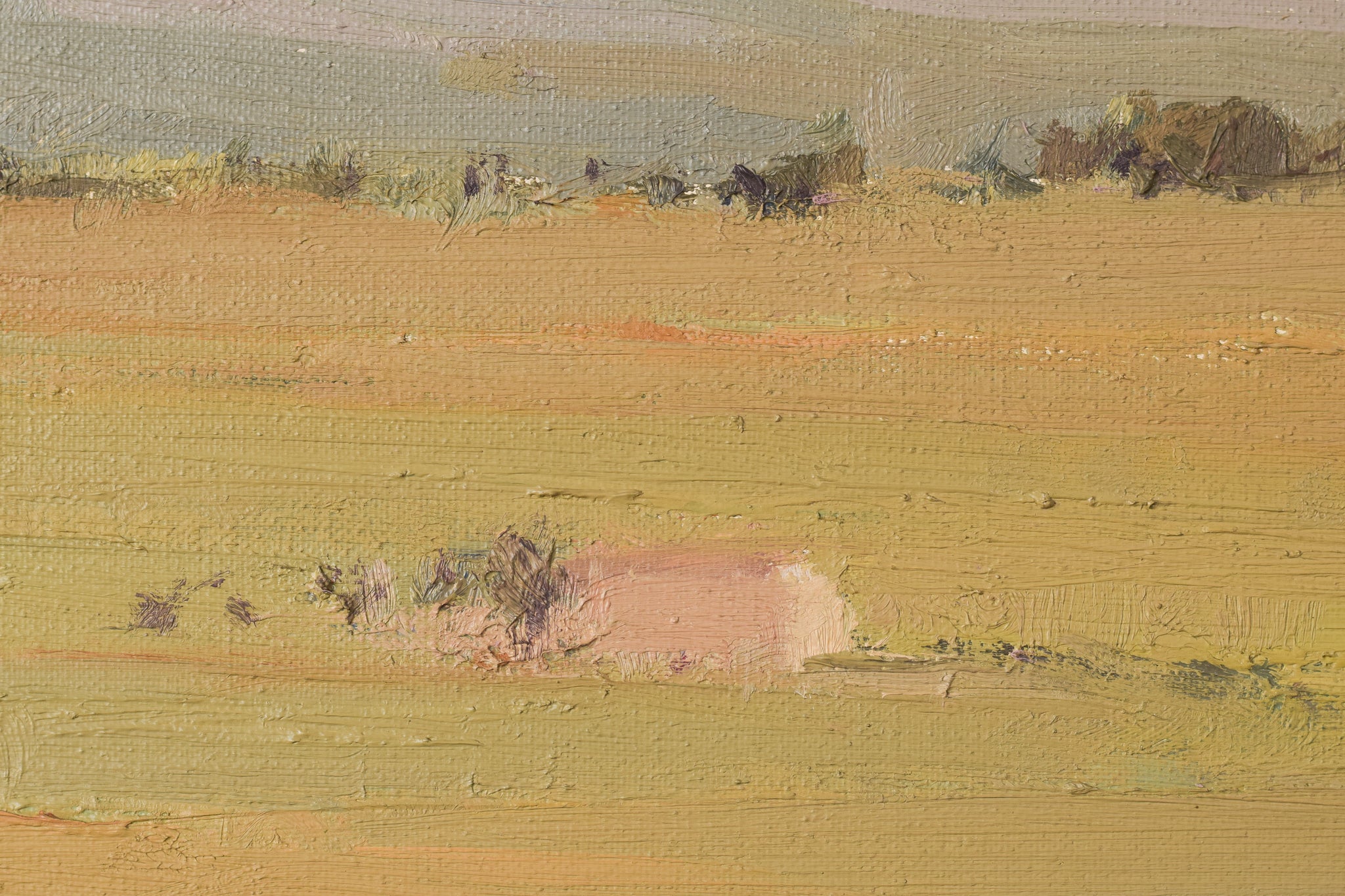 A painting of a field with a house in the distance.