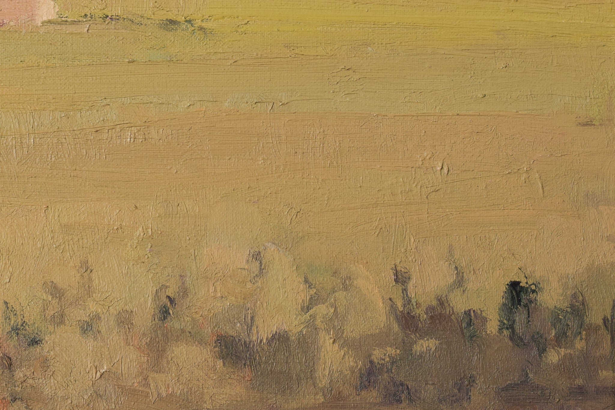 A painting of a field with a house in the distance.